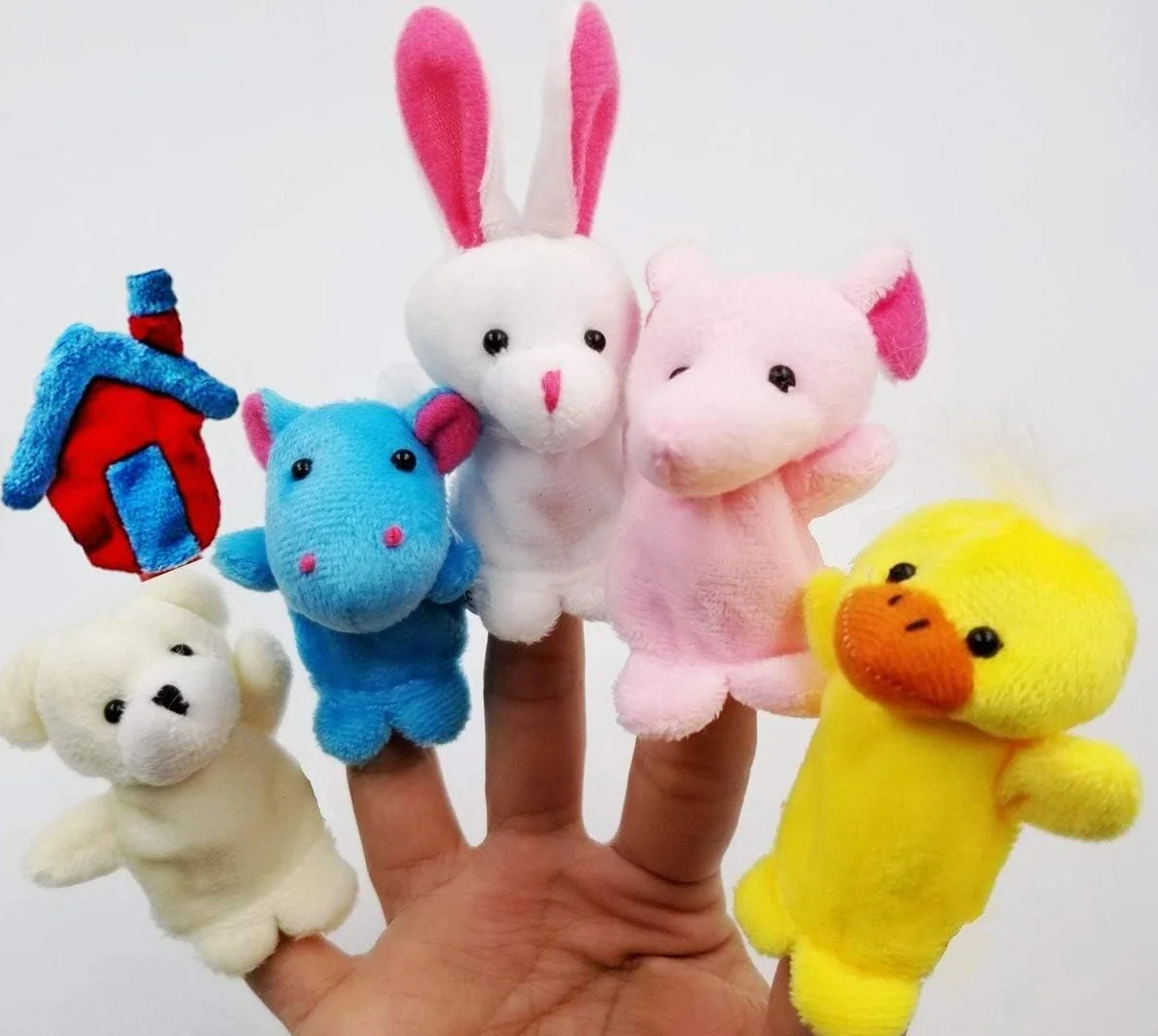 JZK 11 zwierząt palec marionetka zestaw mała pluszowa zabawka zwierzę ręka marionetka dla dzieci dzieci upominki na przyjęcie urodzinowe torby wypełniacze