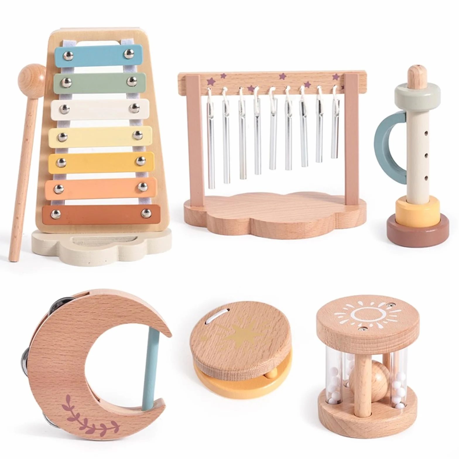 instrumenty muzyczne dla dzieci od 1, 2, 3 lat, Montessori muzyka dla niemowląt, zestaw muzycznych zabawek drewnianych z xylofonem, flety, kastaniety, prezent dla dziewczynek, chłopców