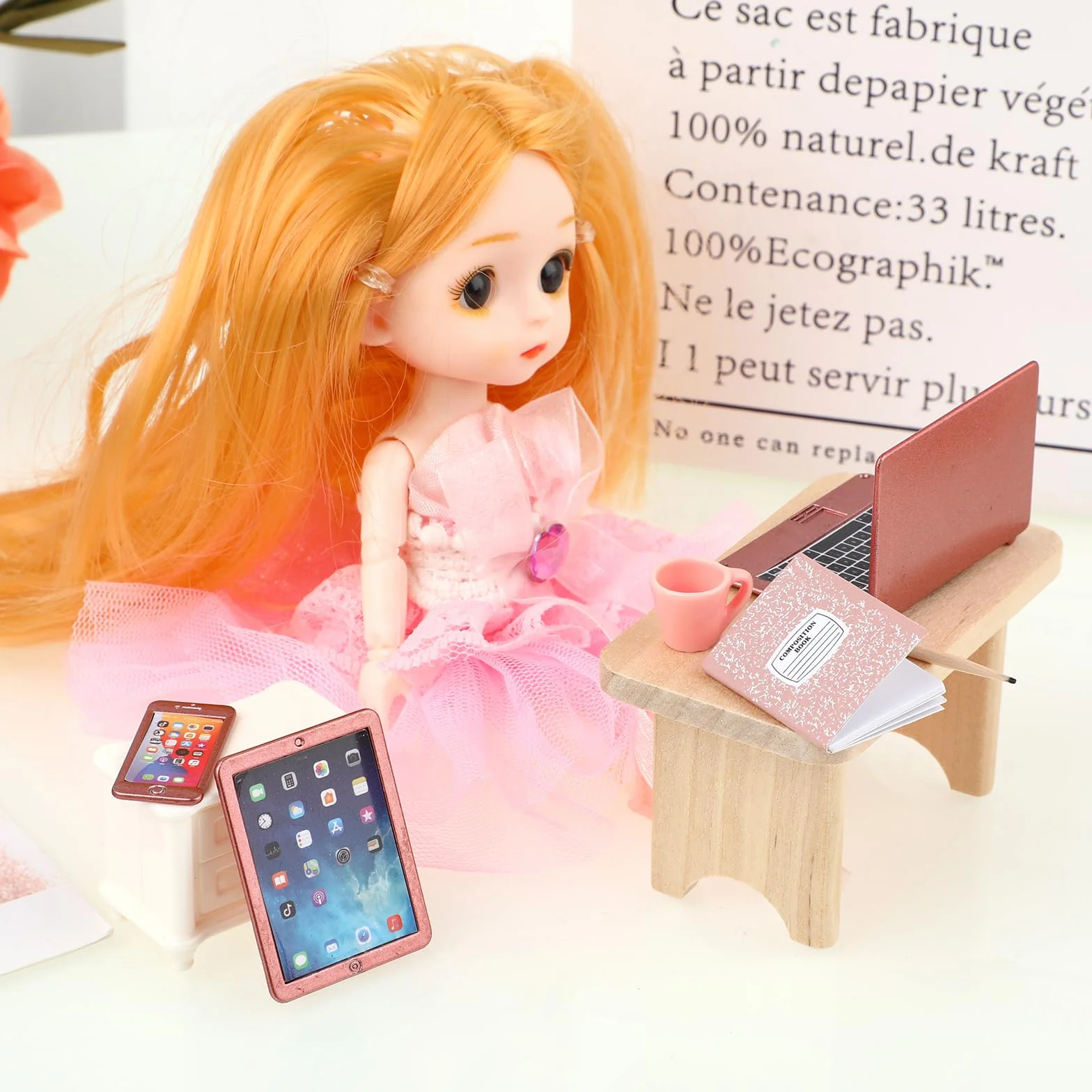 TIESOME 6-częściowy zestaw do domku dla lalek, miniaturowy zestaw laptopa, laptopa, komputera, domku dla lalek, dekoracja, mały domek dla lalek, model mebli, tablet symulacyjny (różowy)