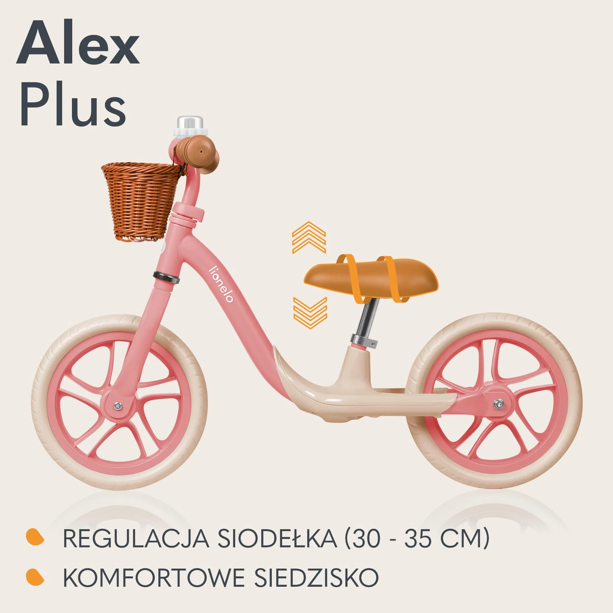 LIONELO ALEX PLUS Dziecięcy Rowerek Biegowy do 30 kg, od 3 lat, Piankowe Koła EVA 30,5 cm, Podnóżek Kosz Regulacja Siodełka i Kierownicy, Antypoślizgowy Uchwyt, Lekki 3,4 kg (Beżowy)