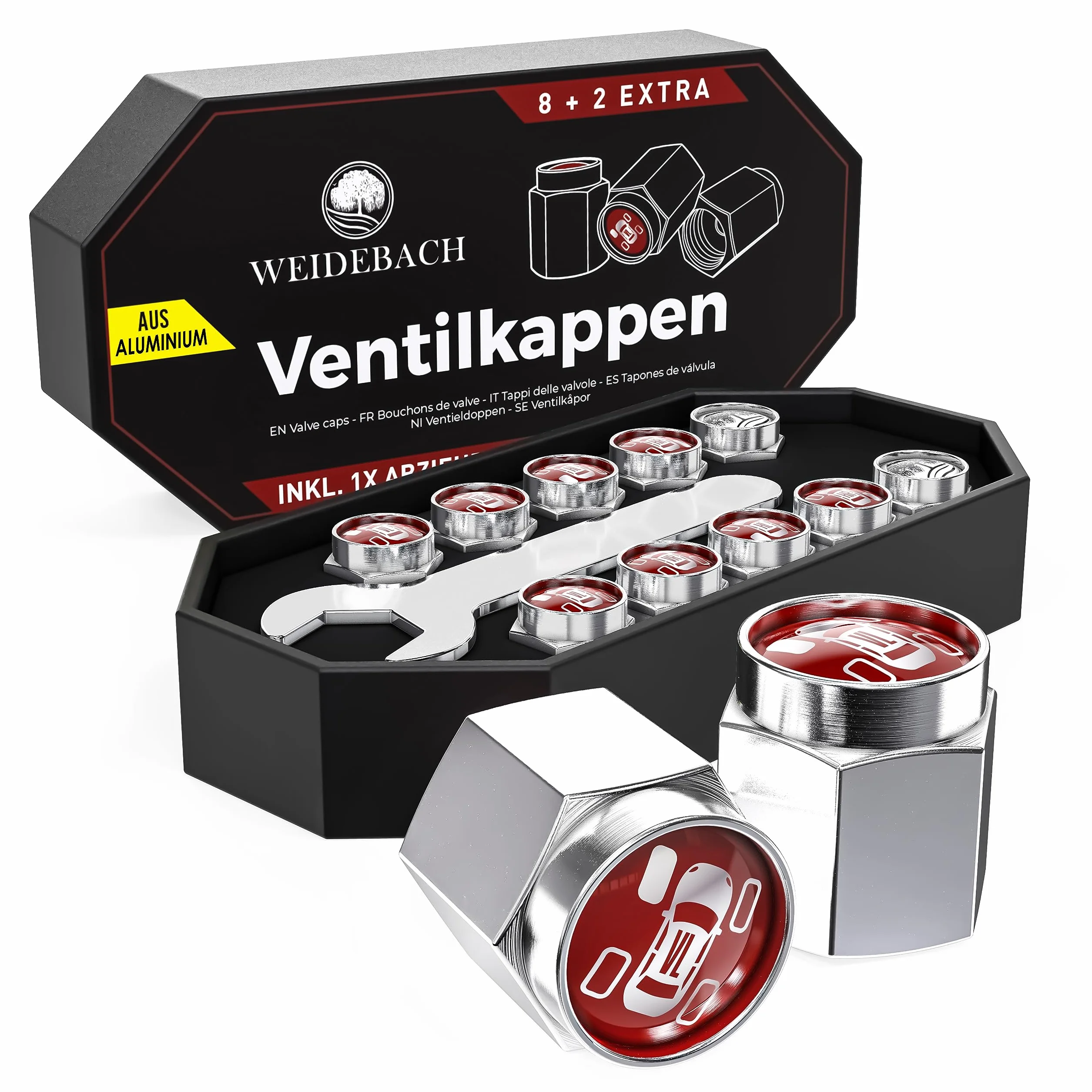 WEIDEBACH® Aluminiowe sześciokątne korki zaworu, 10 pak, korki samochodowe, anty-poślizgowe korki rowerowe, korki rowerowe, korki samochodowe, osłony zaworu, korki opon, VALVECAPS-METAL-10PCS-WB