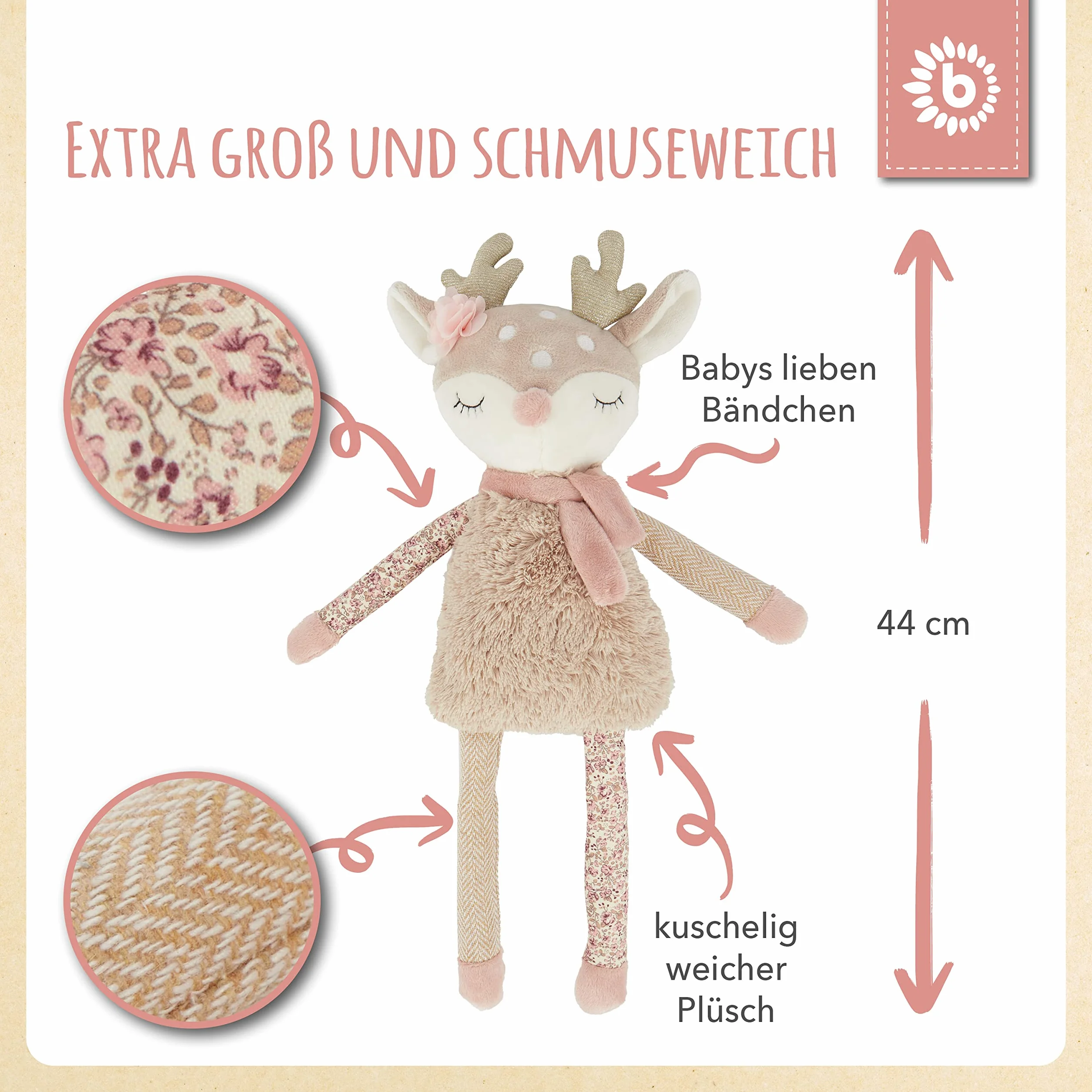 Bieco Pluszowa przytulanka jeleń Ella | 40 cm | Pluszowe zwierzątko z jeleniem | pluszowe zwierzątko dla dziewczynek od 0 miesięcy