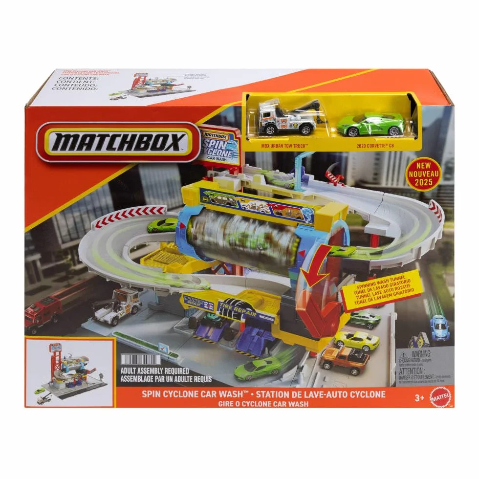 Matchbox Myjnia Turbo Cyklon Zestaw do zabawy z samochodzikiem Corvette i lawetą w skali 1:64 oraz obrotowym tunelem „myjącym”; myjnia samochodowa, warsztat i parking, zabawka dla dzieci, JGB68