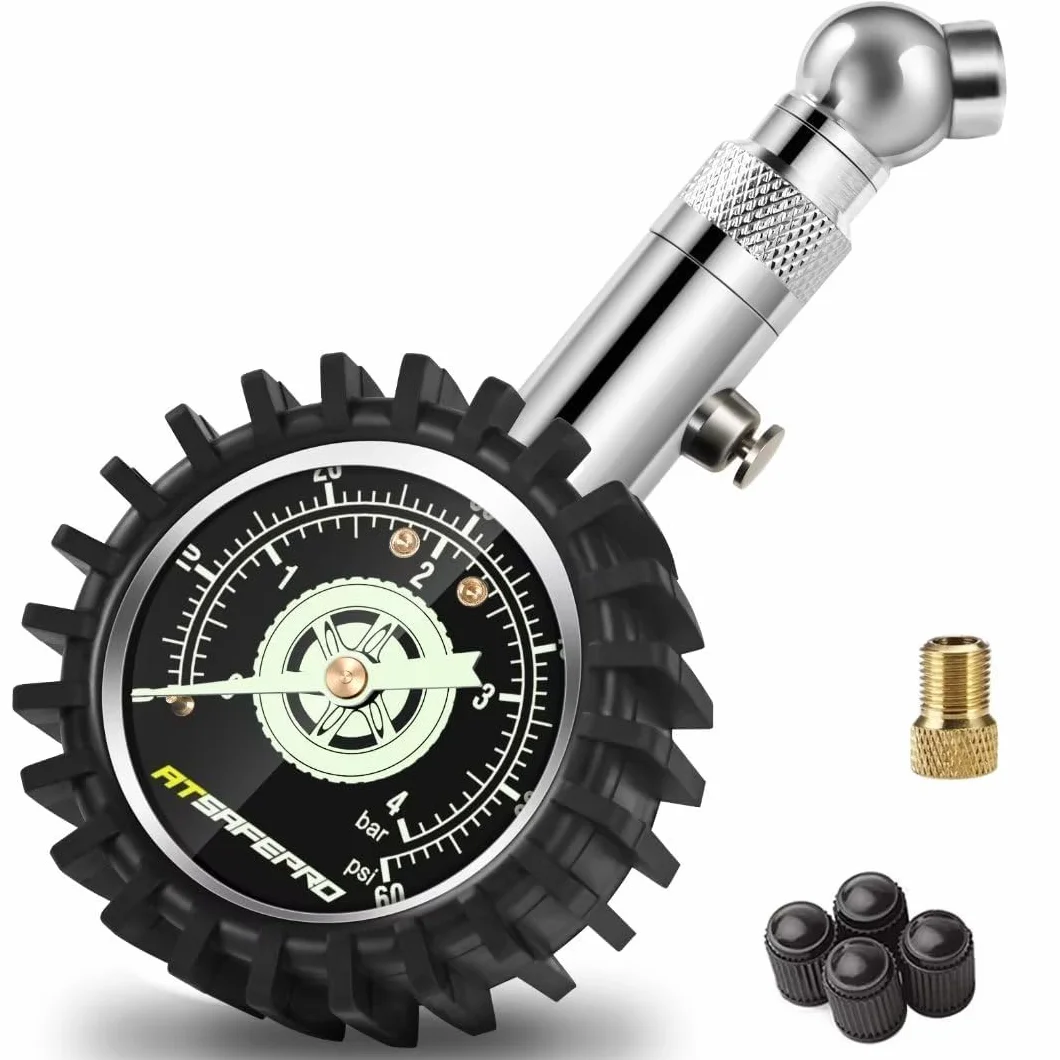 ATsafepro Miernik ciśnienia w oponach 4 bar/60 psi, certyfikat ANSI B40.1, profesjonalny mechaniczny do motocykli i samochodów