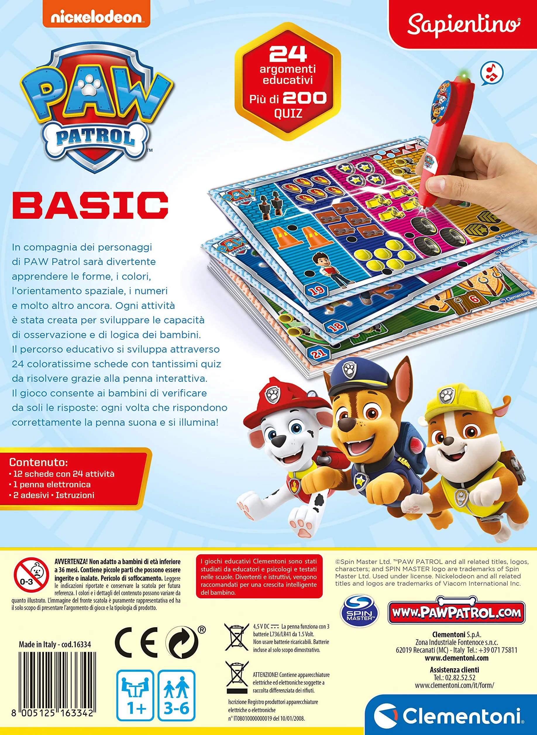 Clementoni Sapientino Basic Paw Patrol-Elektroniczna gra edukacyjna z interaktywnym piórem, Dzieci 3 lata+ (Wersja włoska), Made in Italy, Wielobarwny, 16334