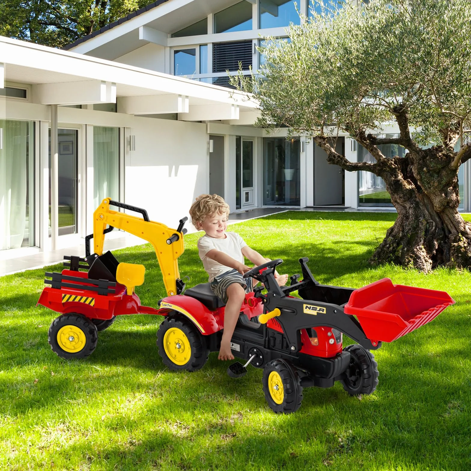 COSTWAY Traktor na pedały, ciągnik dla dzieci z odpinanym przyczepnym zbiornikiem i łopatą zabawkową, ciągnik dla dzieci do 35 kg, mini koparka dla dzieci od 3 lat (czerwony)