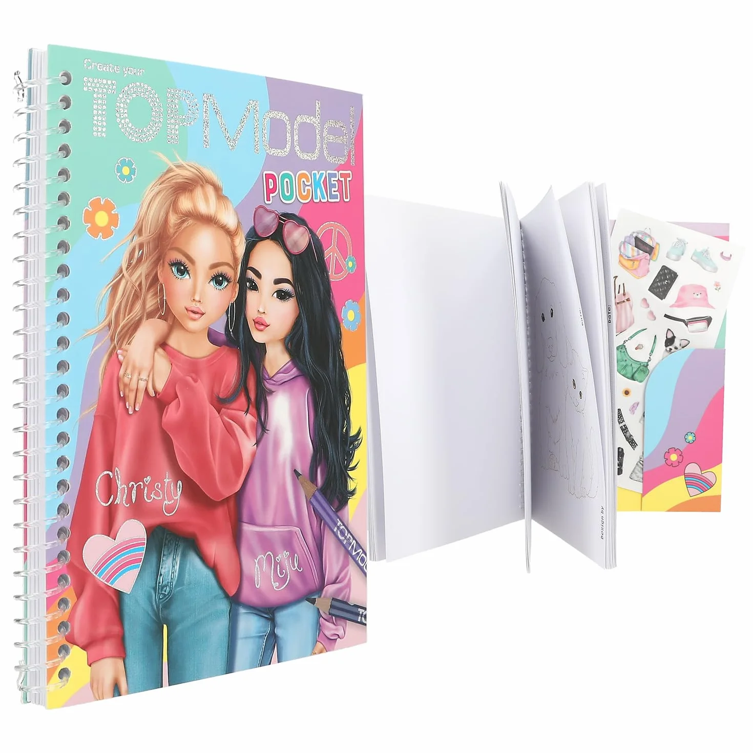 Depesche TOPModel 13166 kieszonkowy praktyczny rozmiar ze 120 stronami do projektowania zestawów, kolorowanka z arkuszem naklejek i oprawą spiralną, wielokolorowa, 1 sztuka