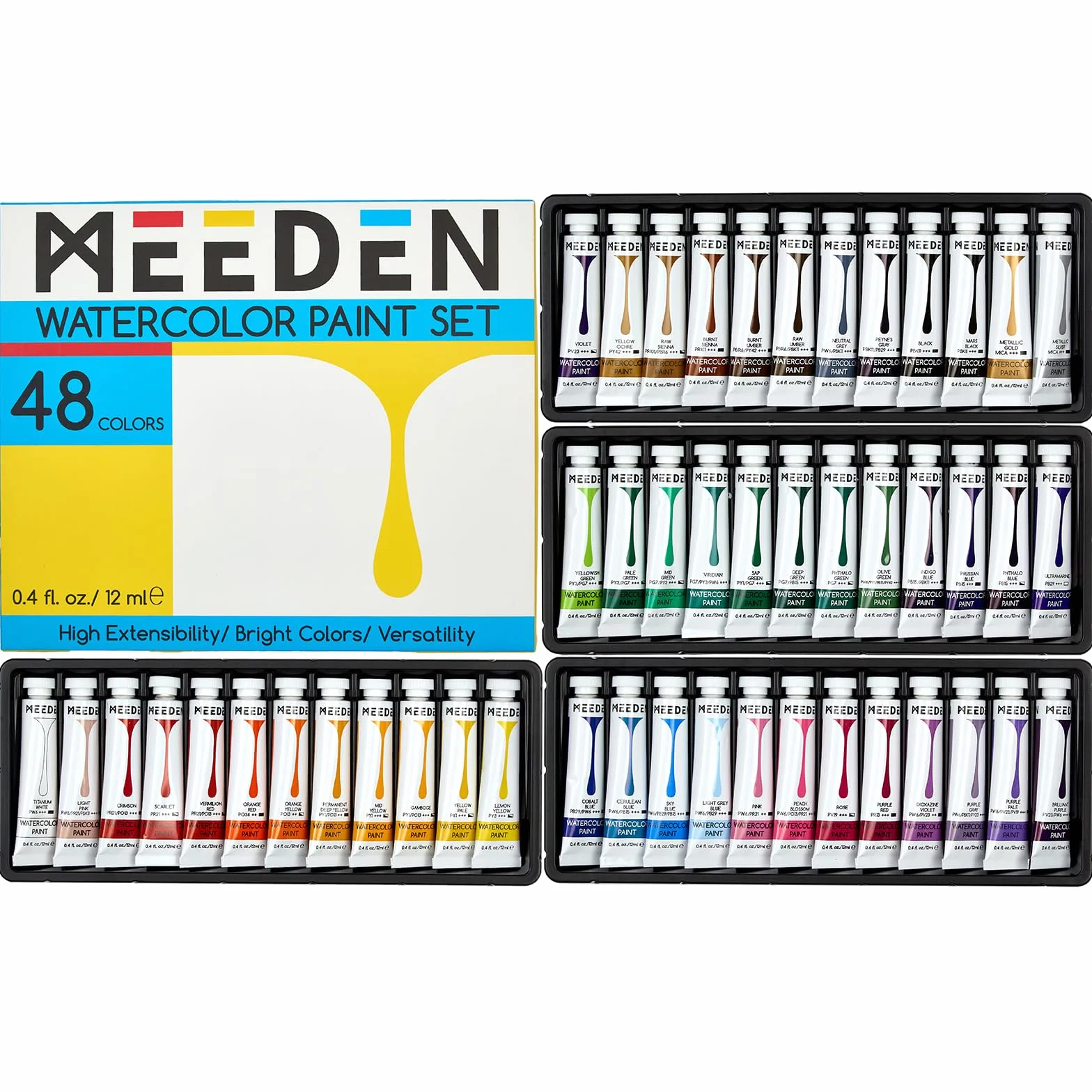 MEEDEN Zestaw tubek farb akwarelowych – 48 x 12 ml (0,4 oz) kolorów zestaw do malowania materiały artystyczne – nietoksyczna farba wodna dla dorosłych, początkujących, studentów