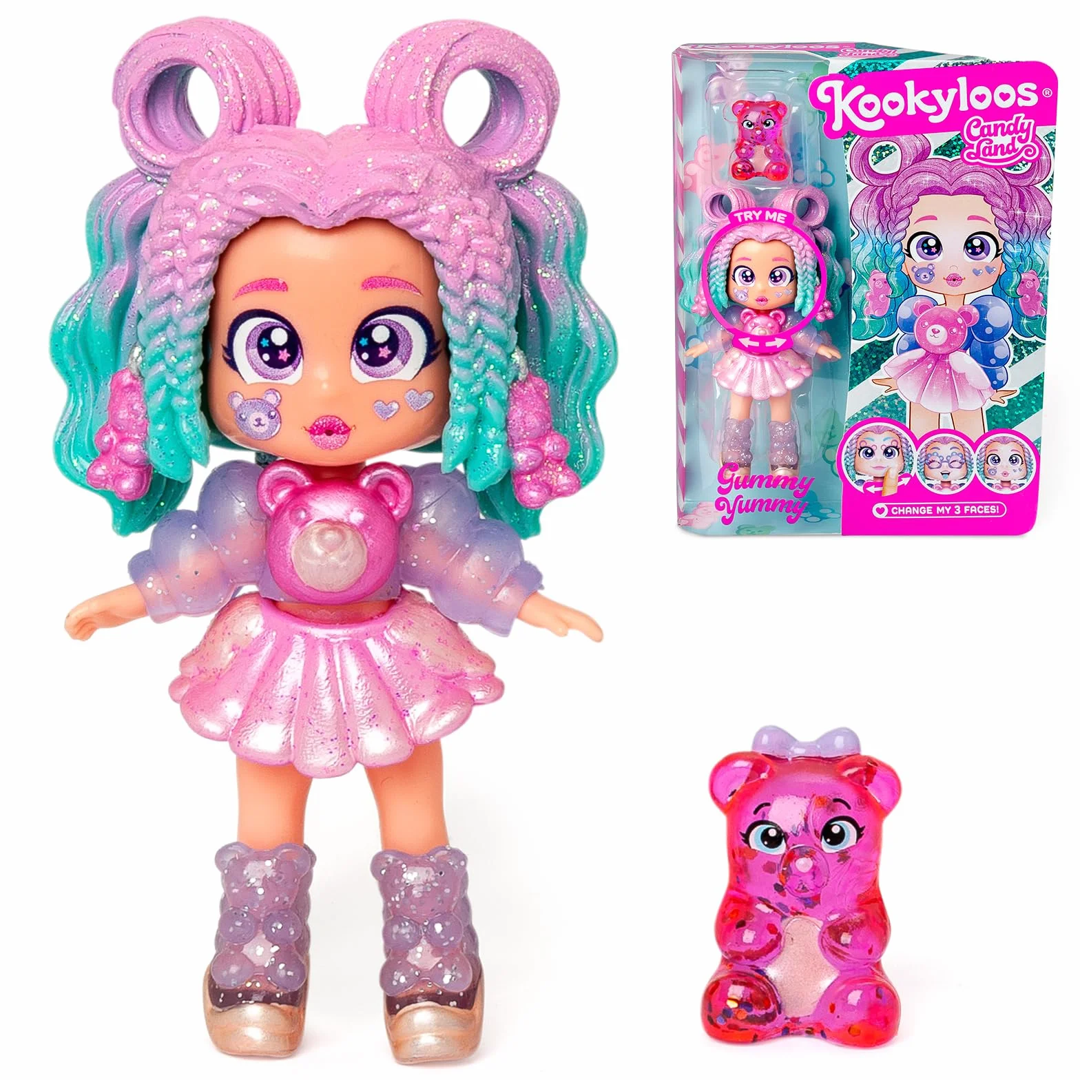 KOOKYLOOS Candy Land Series GUMMY YUMMY – laleczka do kolekcjonowania z serii Candy Land, zawartość: 1 lalka, zestaw ubrań i butów,akcesorium oraz zwierzątko,1 lalka ma 3 różne buzie!