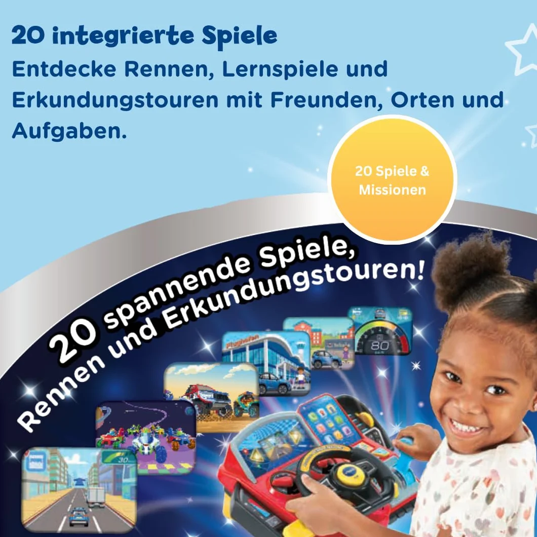 VTech Przygodowa kierownica do nauki – interaktywna kierownica z kolorowym ekranem LCD, 3 tryby gry, liczne treści edukacyjne i 23 melodie – dla dzieci w wieku 3-7 lat