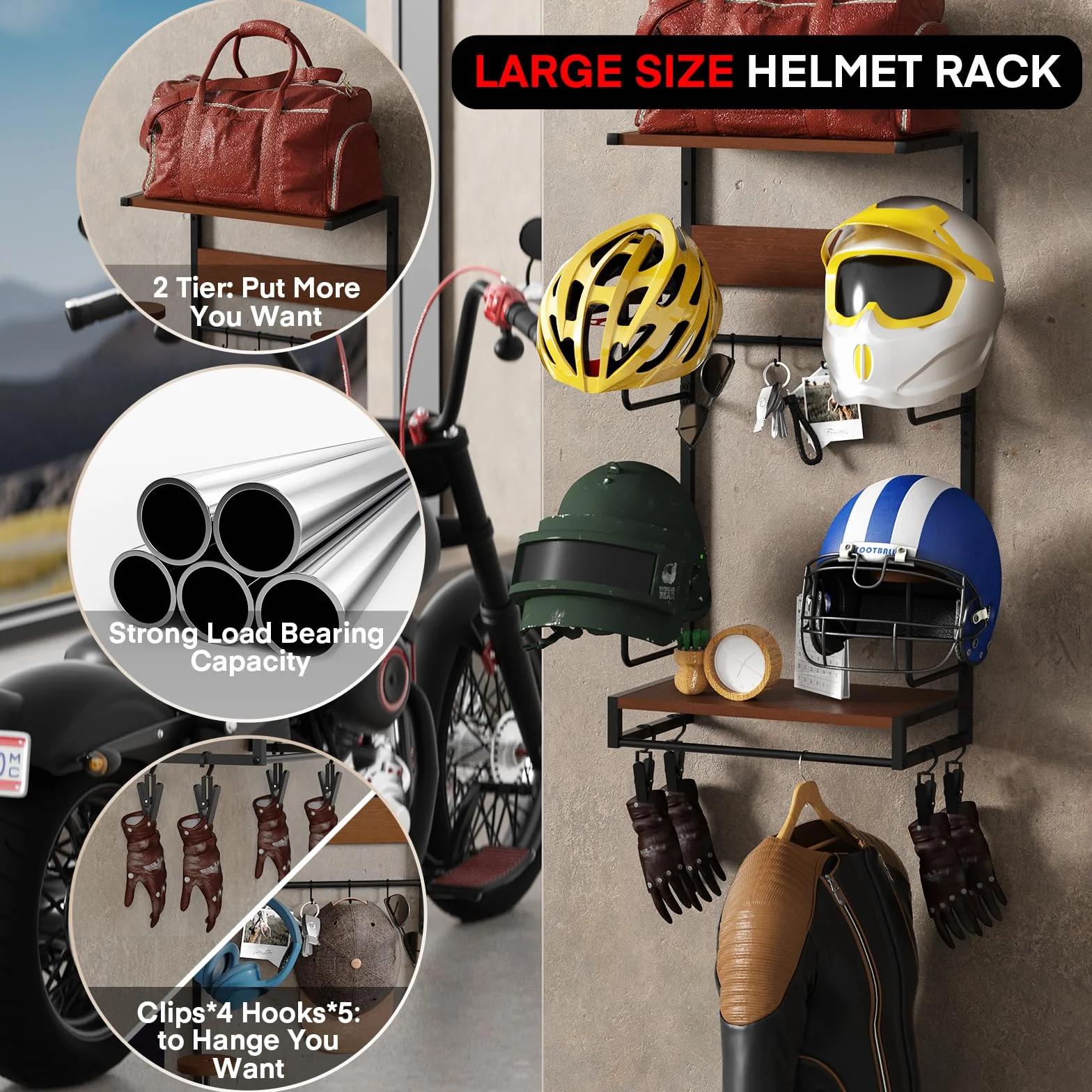 Mocowanie na kask motocyklowy CASDUCT Zestaw mocowania na kask motocyklowy do ściany, zestaw 4 sztuki, mocowanie na blat stołu z 2-warstwowa deskami drewnianymi, uchwyt na kask motocyklowy z