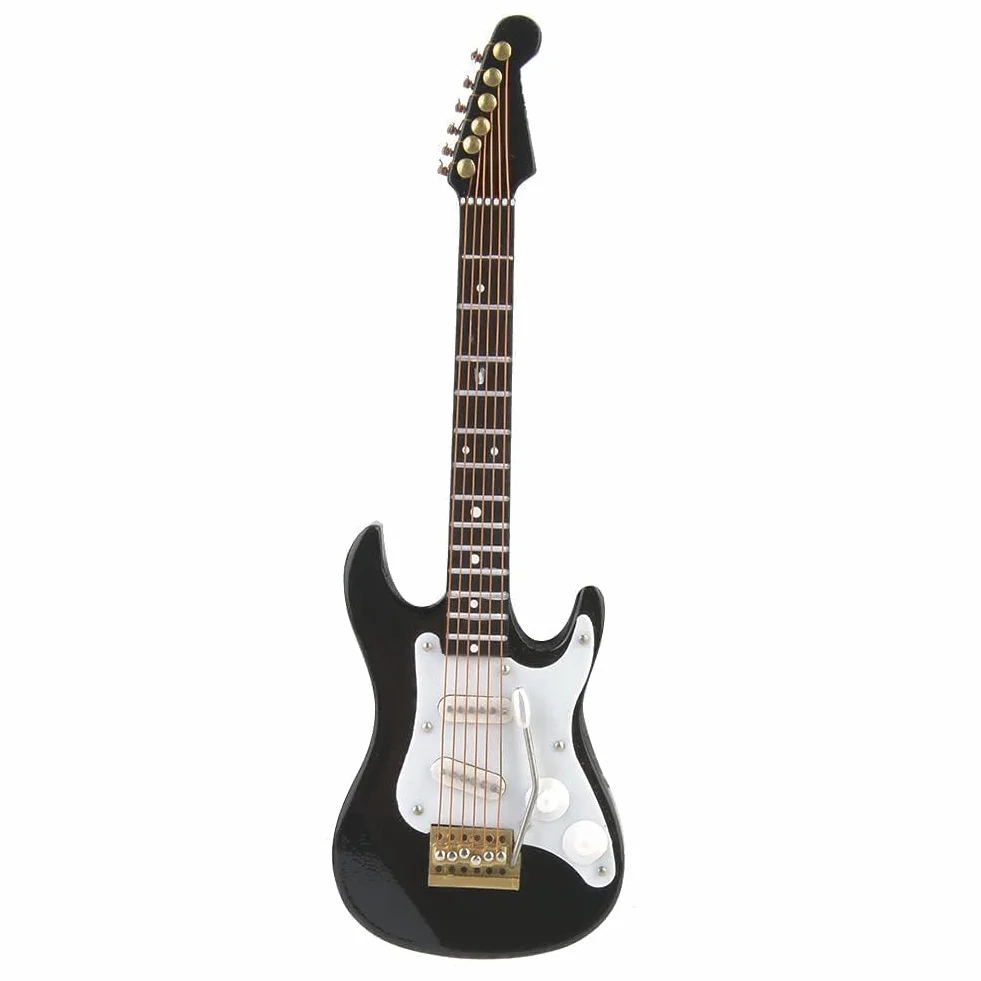 5,5 W gitara elektryczna miniatura drewno mini gitara model wyświetlacz instrument muzyczny miniatura domku dla lalek model dekoracja (czarna)