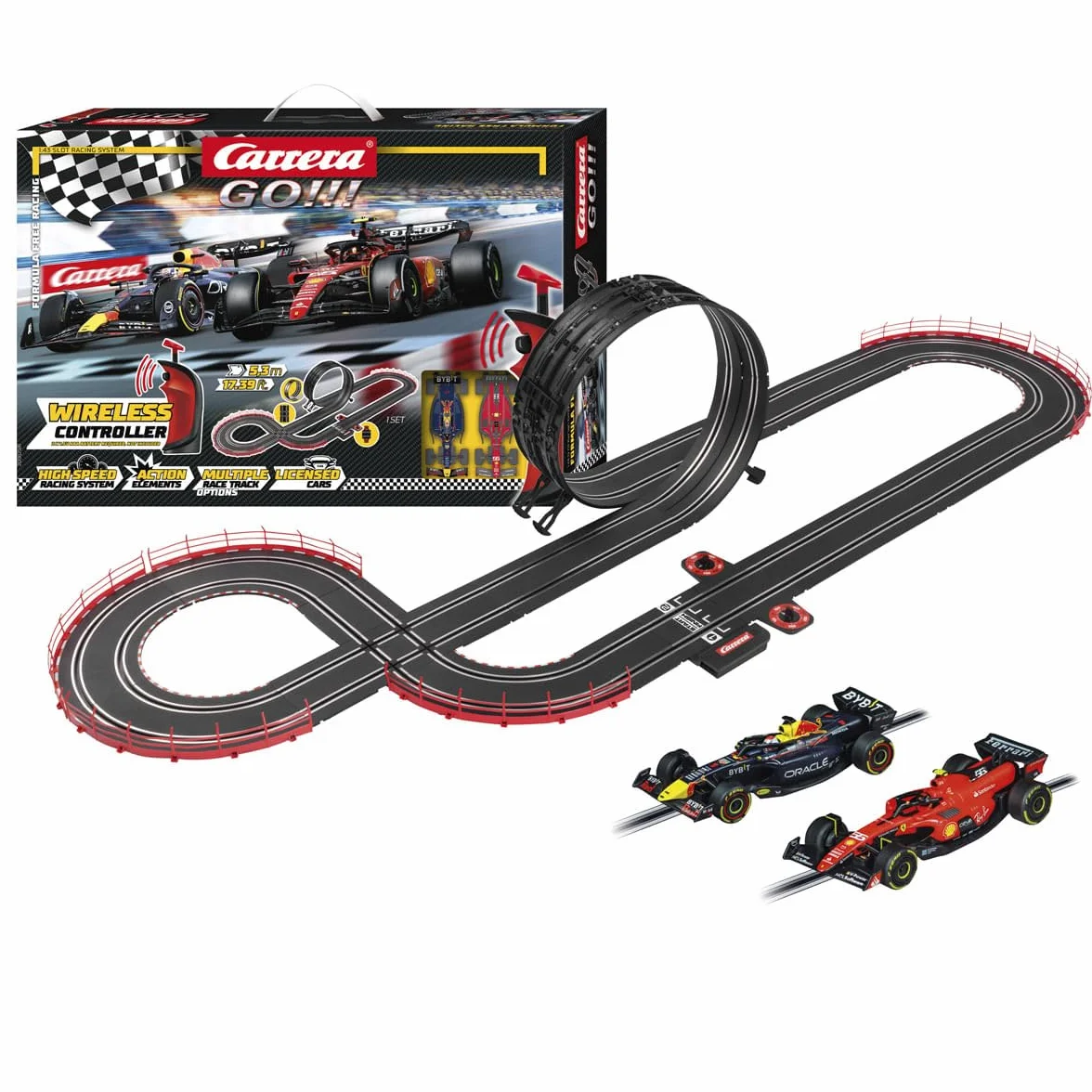 Carrera 20062581 Carrera GO!!! Formula Free Racing (system bezprzewodowy) zestaw torów wyścigowych tor wyścigowy z licencjonowanymi wyścigówkami dla 2 graczy dla dzieci od 6 lat i dorosłych