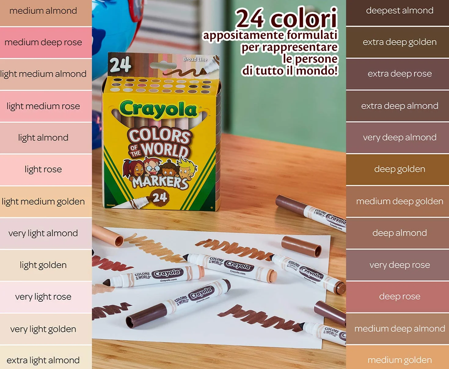 CRAYOLA Kolory świata, zmywalne markery, różne kolory (24 szt.) | kolory reprezentujące odcienie skóry z całego świata, idealne dla dzieci w wieku od 3 lat