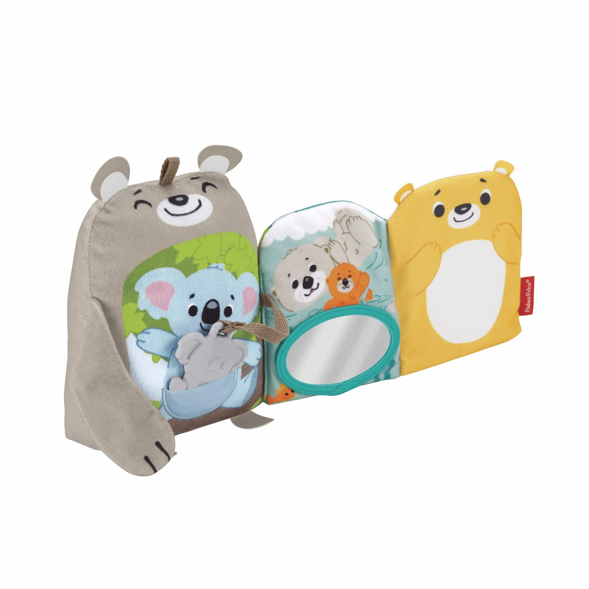 Fisher-Price Miękkie zwierzątka – Książeczka aktywizująca, milutki miś + miękka książeczka sensoryczna (lusterko i gryzaczek), dla dzieci powyżej 3 miesiąca życia, GJD37