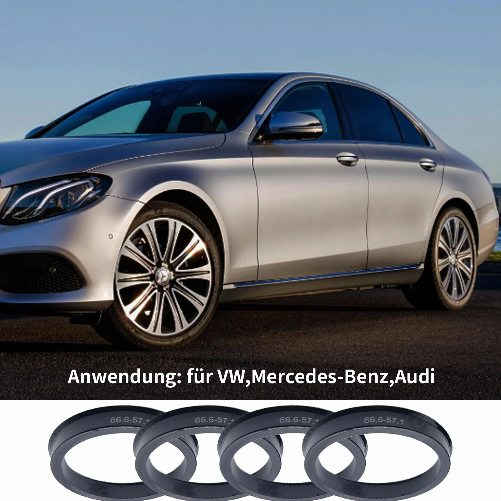 Pierścienie centrujące 66,6 mm na 57,1 mm do VW Mercedes Audi, tworzywo sztuczne czarne (4 sztuki)