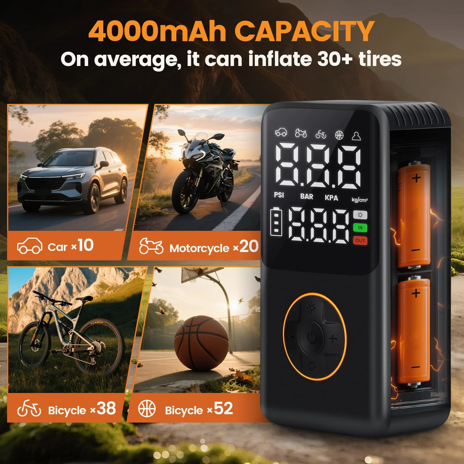 Elektryczna pompka powietrza 150 PSI,Kompresor Powietrza Przenośny,automatyczne zatrzymanie,4000 mAh Pompka do Opon Samochodowych z Ekran LCD Lampą LED Ładowanie USB do Motocykli/Piłek/rowerów