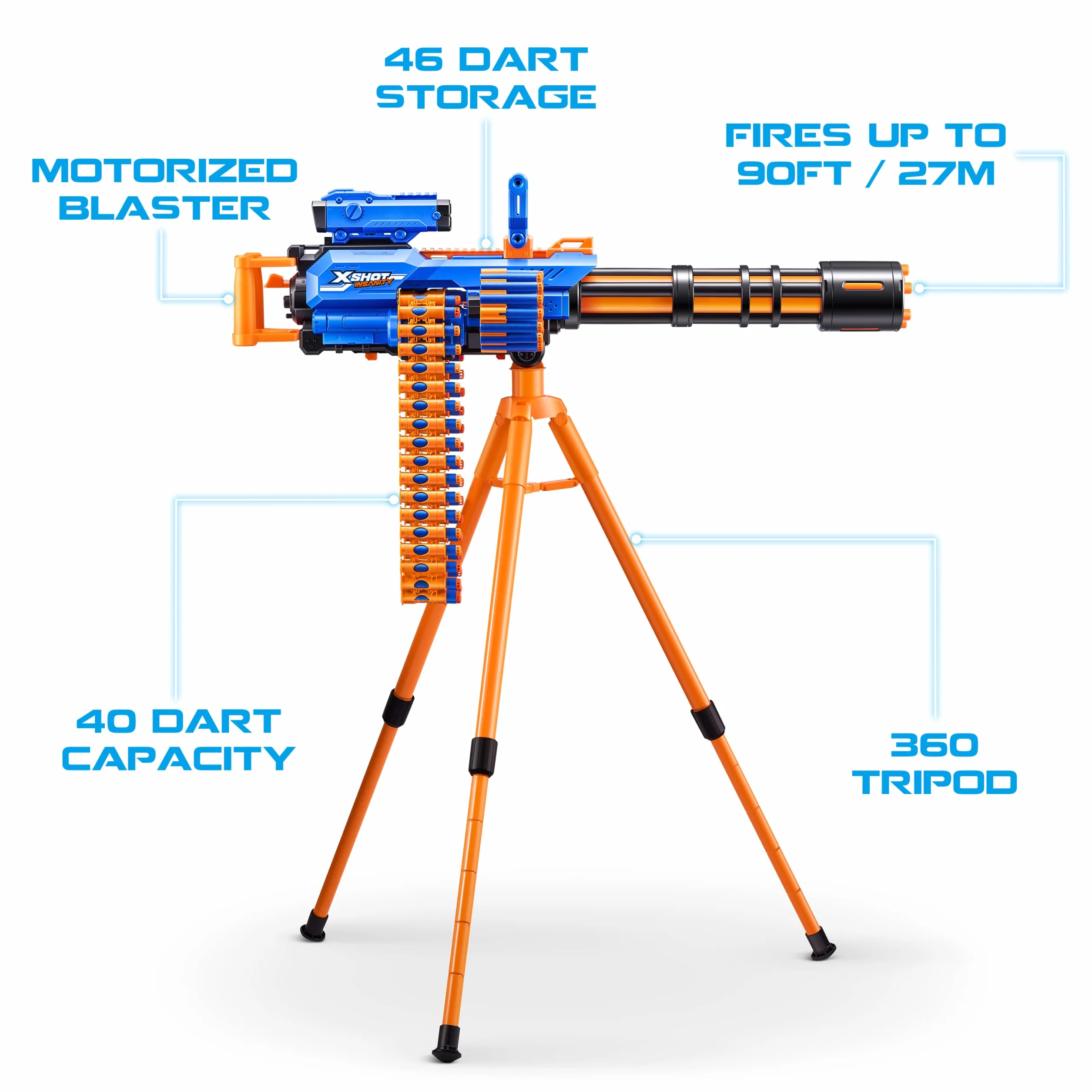 Xshot X-Shot Insanity, Ragefire, Zmotoryzowany Gatlin Blaster Nerf Wyrzutnia Strzałek, Pomarańczowy/Niebieski, Od 8 lat