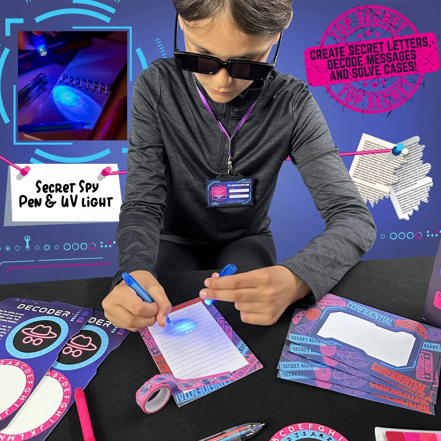 GirlZone Ultimate Secret Agent, zestaw do pisania, ekscytujący zestaw szpiegowski i zabawny zestaw artykułów piśmienniczych z zabawką, papierem papierniczym i kopertami dla dzieci szpiegowskich