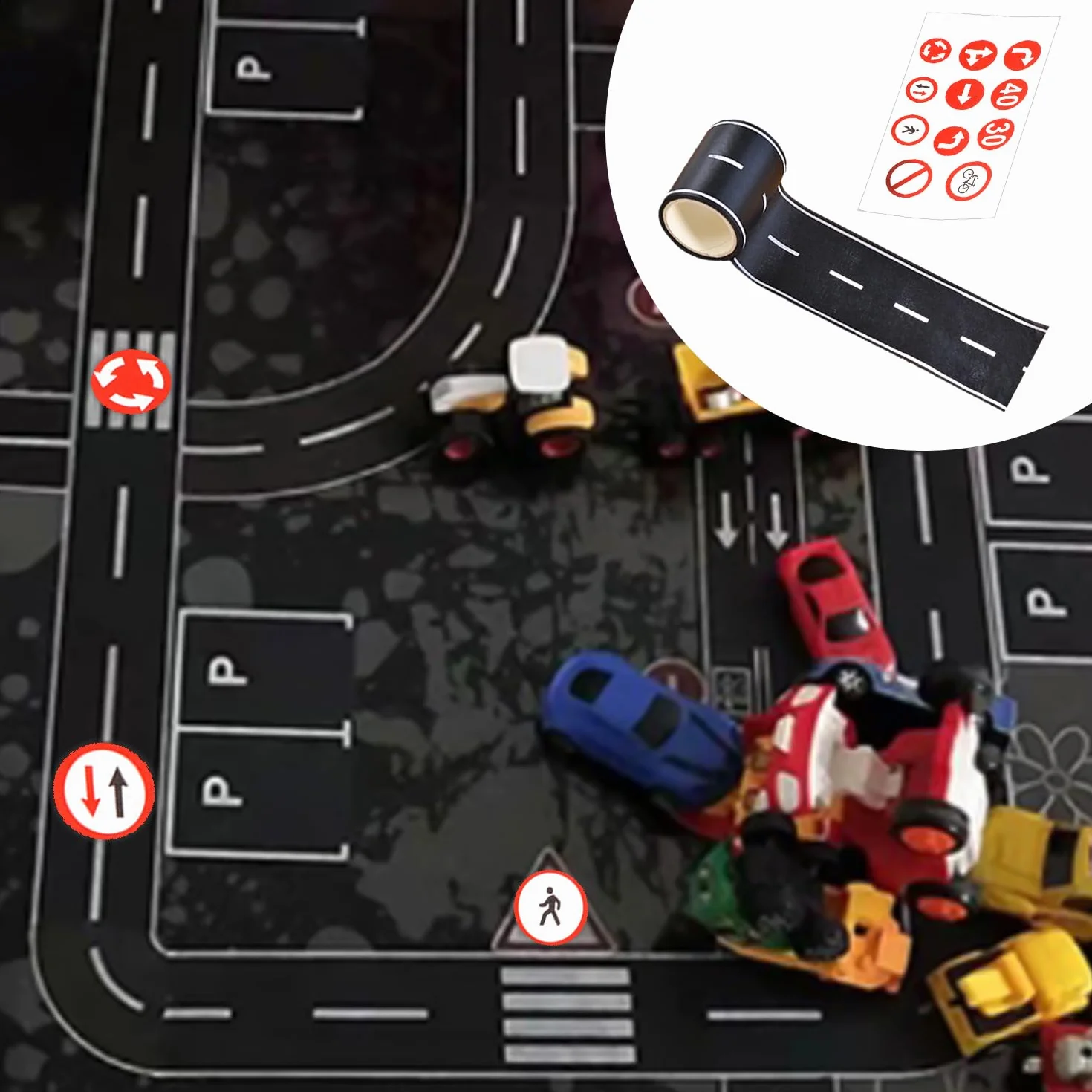 2 rolki zwykłej taśmy autostradowej z 2 naklejkami na tabliczki drogowe, taśma drogowa, naklejki na tabliczki, papier do modeli ulicznych, samochód zabawkowy, pas drogowy.