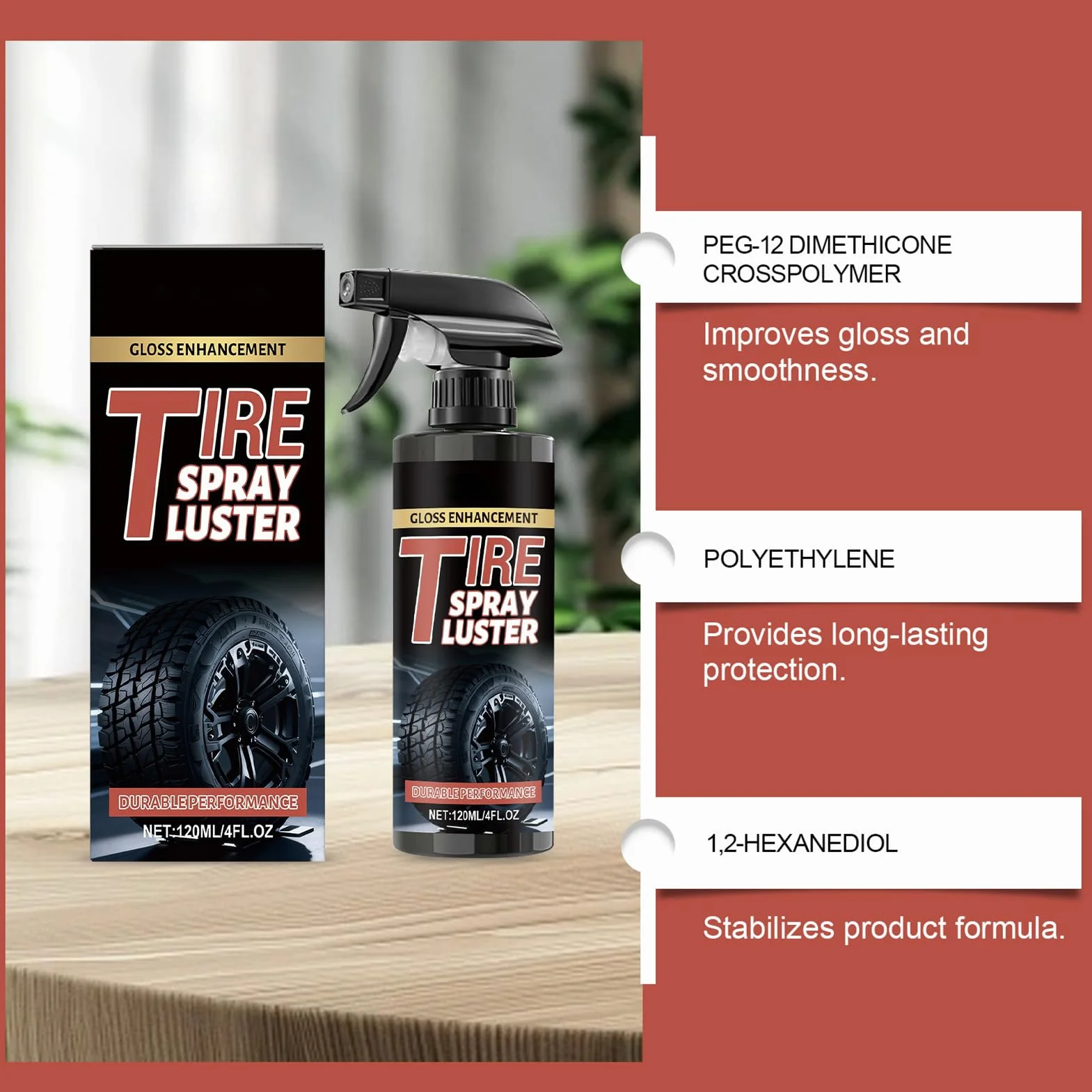 Tire Shine Spray - 120ml Rim Restorer Agent, High Gloss Wheel Cleaner | Deep Black Finish Effect, Long-Lasting Protective Coating Function, Car Care Accessory, Ideal for Vehicle, Garage, 7.3x17cm