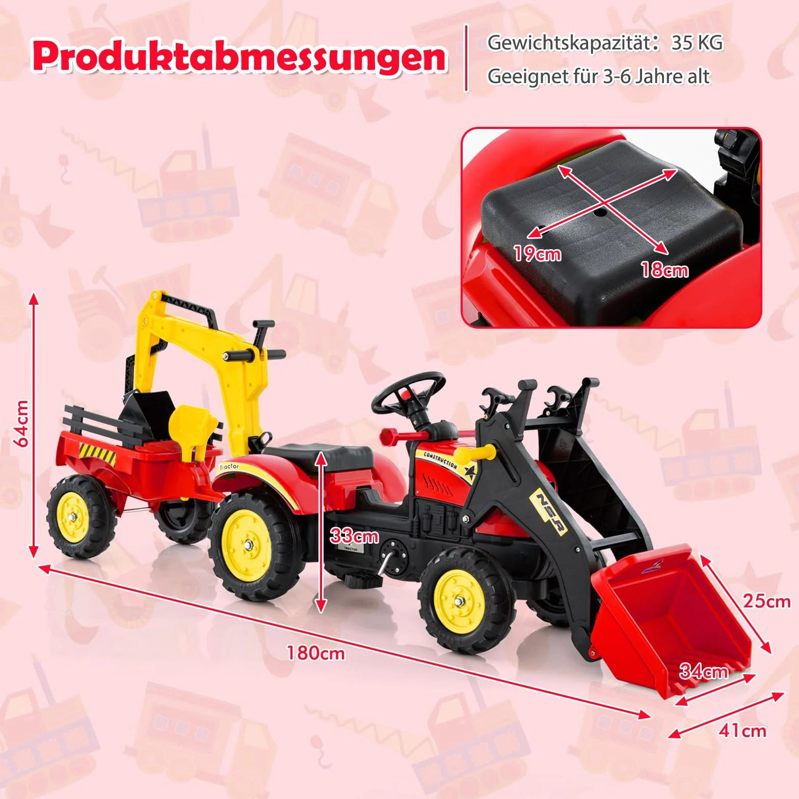 COSTWAY Traktor na pedały, ciągnik dla dzieci z odpinanym przyczepnym zbiornikiem i łopatą zabawkową, ciągnik dla dzieci do 35 kg, mini koparka dla dzieci od 3 lat (czerwony)