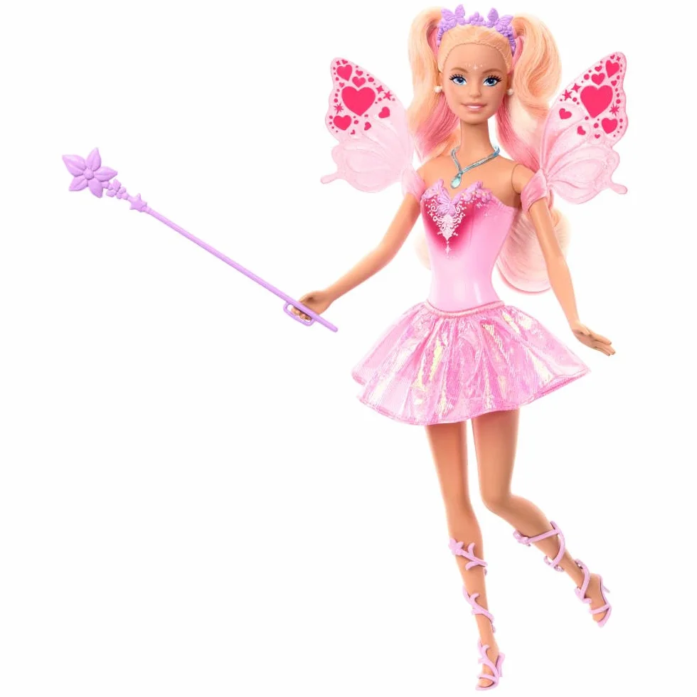 Barbie Wróżka Lalka z różdżką i akcesoriami modowymi, baśniowy motyw i zmiana koloru na skrzydełkach i stroju, JCP76