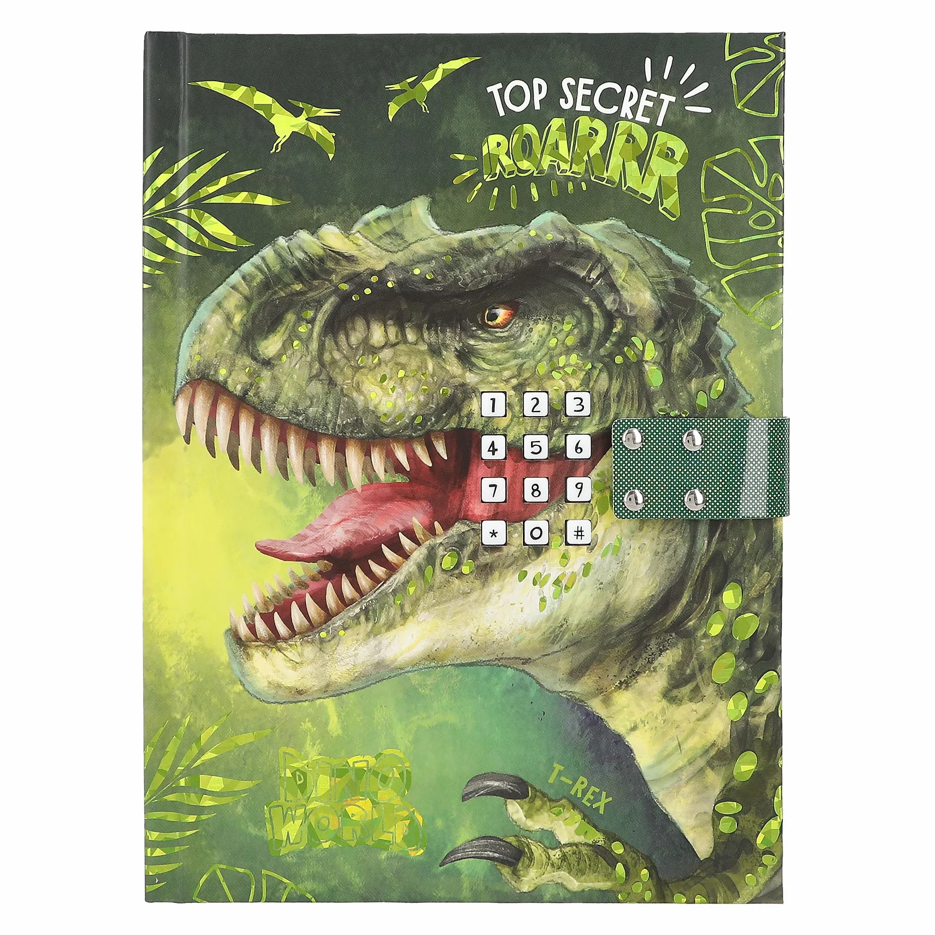 Depesche 12407 Dino World - Dziennik z kodem cyfrowym i dźwiękiem, książka z motywami dinozaurów i 80 kolorowych ilustrowanych stron w linie