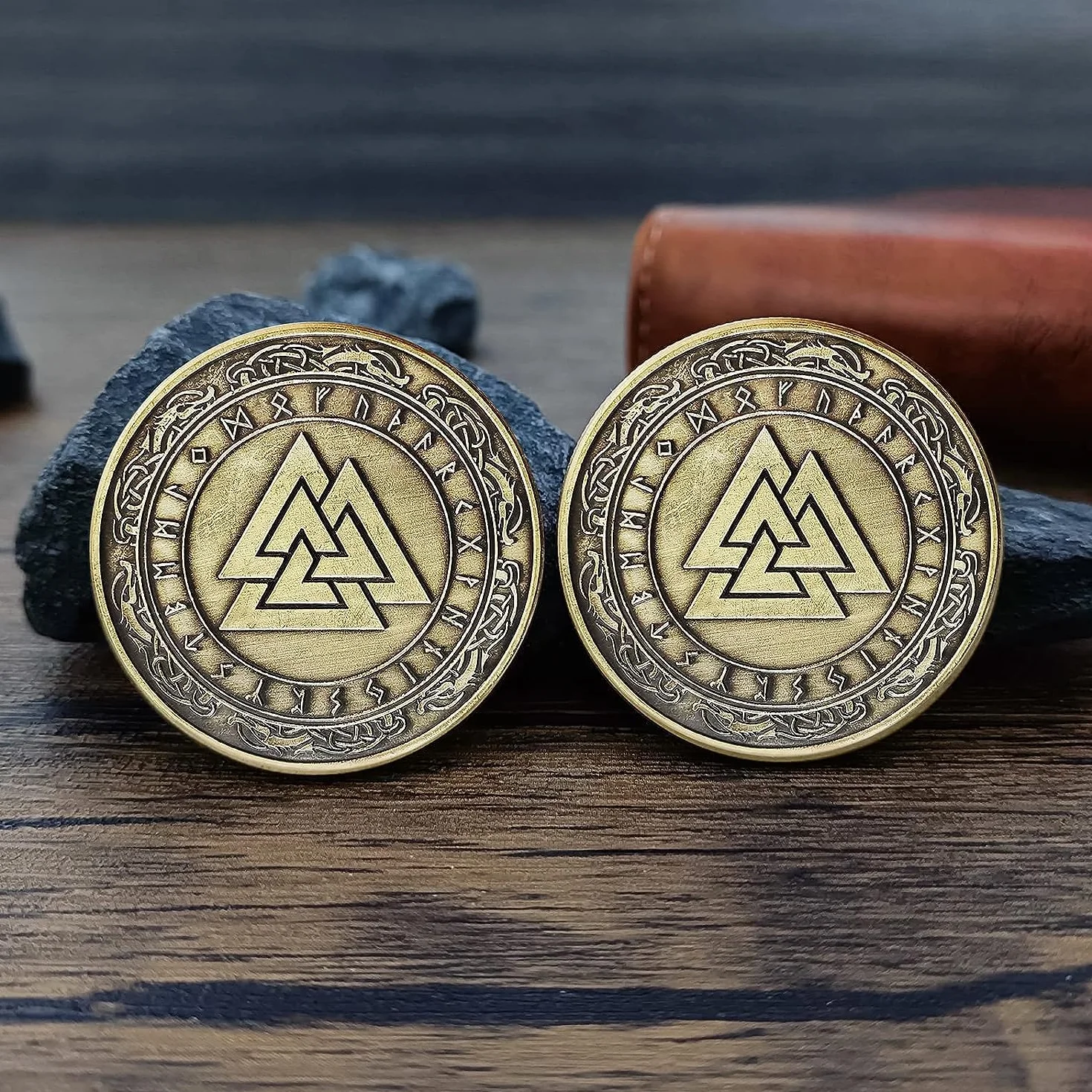 Norse Viking Mjolnir Coin Młot Thora, Coin Mitologia nordycka, talizman (Valknut Coin (Knot of the Slain Warrior))