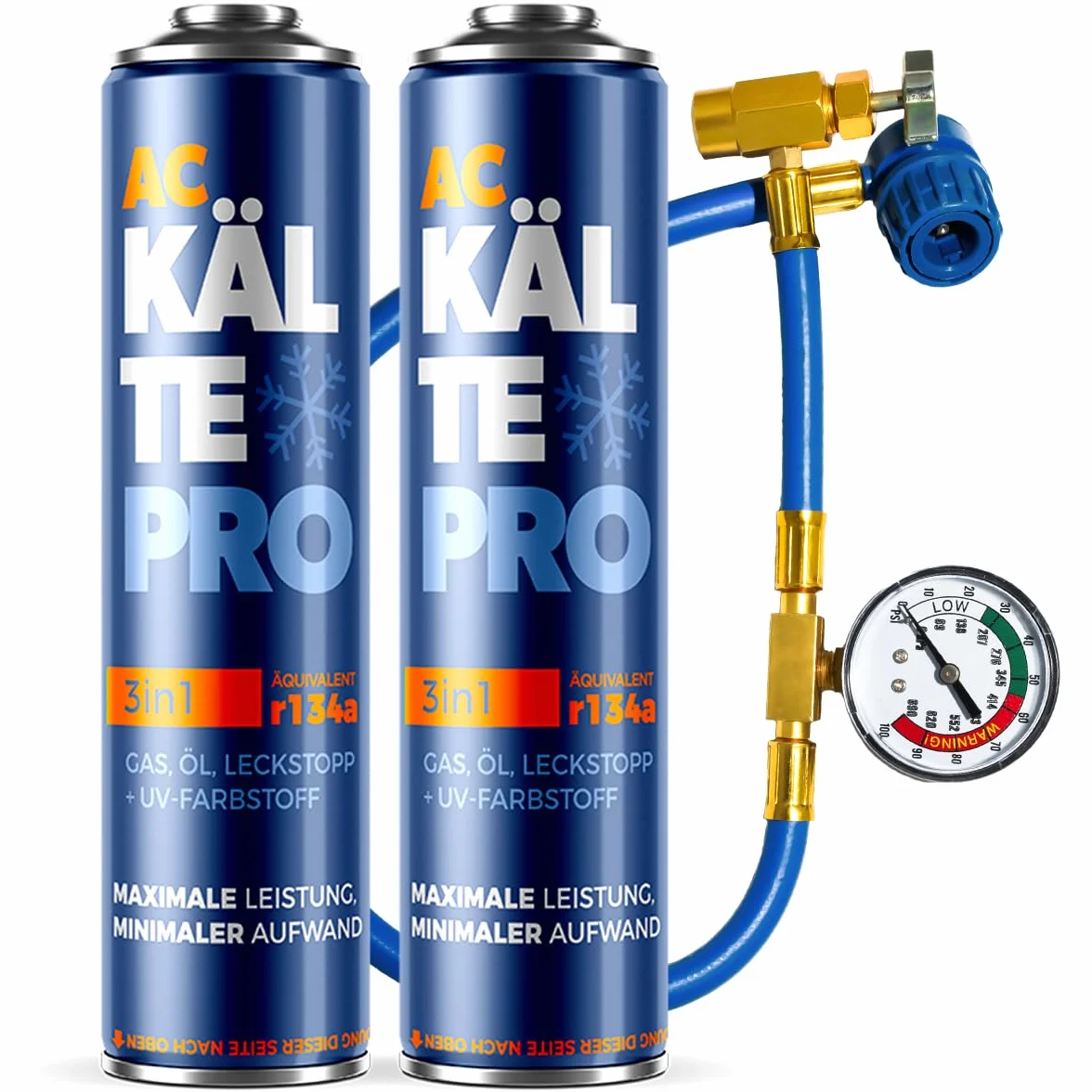 R134a Zamiennik Czynnika do Klimatyzacji - Kompletny Zestaw 3w1: Gaz, Uszczelniacz- Odpowiada 755g R134a (500ml) - Do Aut 1995–2016 (2 puszki + wąż)