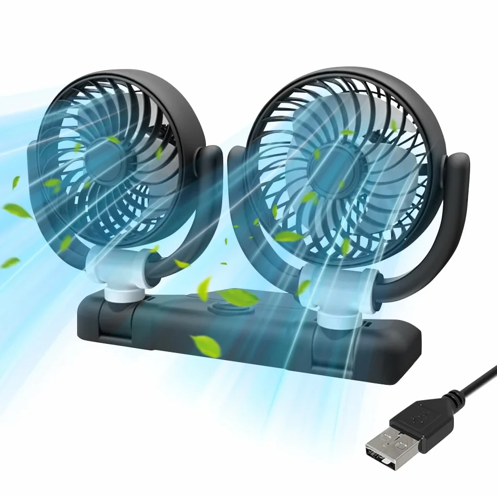 Wentylator samochodowy USB, 5 V, podwójna głowica, obracany o 360 stopni, z 2 prędkościami, obrót o 360°, regulowany wentylator, cichy wentylator do samochodów ciężarowych, vanów, SUV, pojazdów