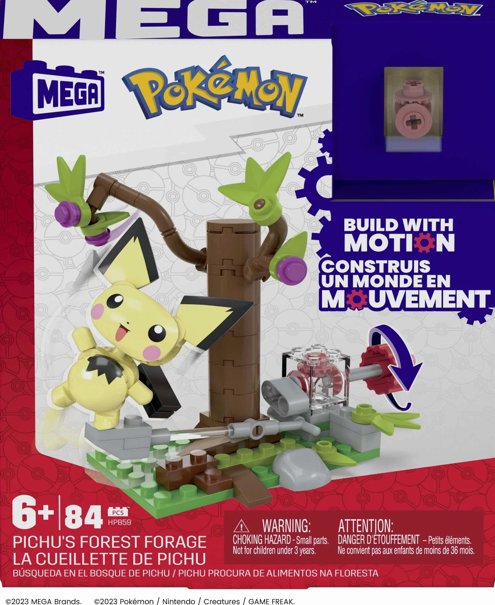 MEGA Pokemon Leśna przygoda Pichu Zestaw klocków (84 elementy) z funkcją ruchu oraz 1 figurką do zbudowania i ustawiania w różnych pozach, HPB59