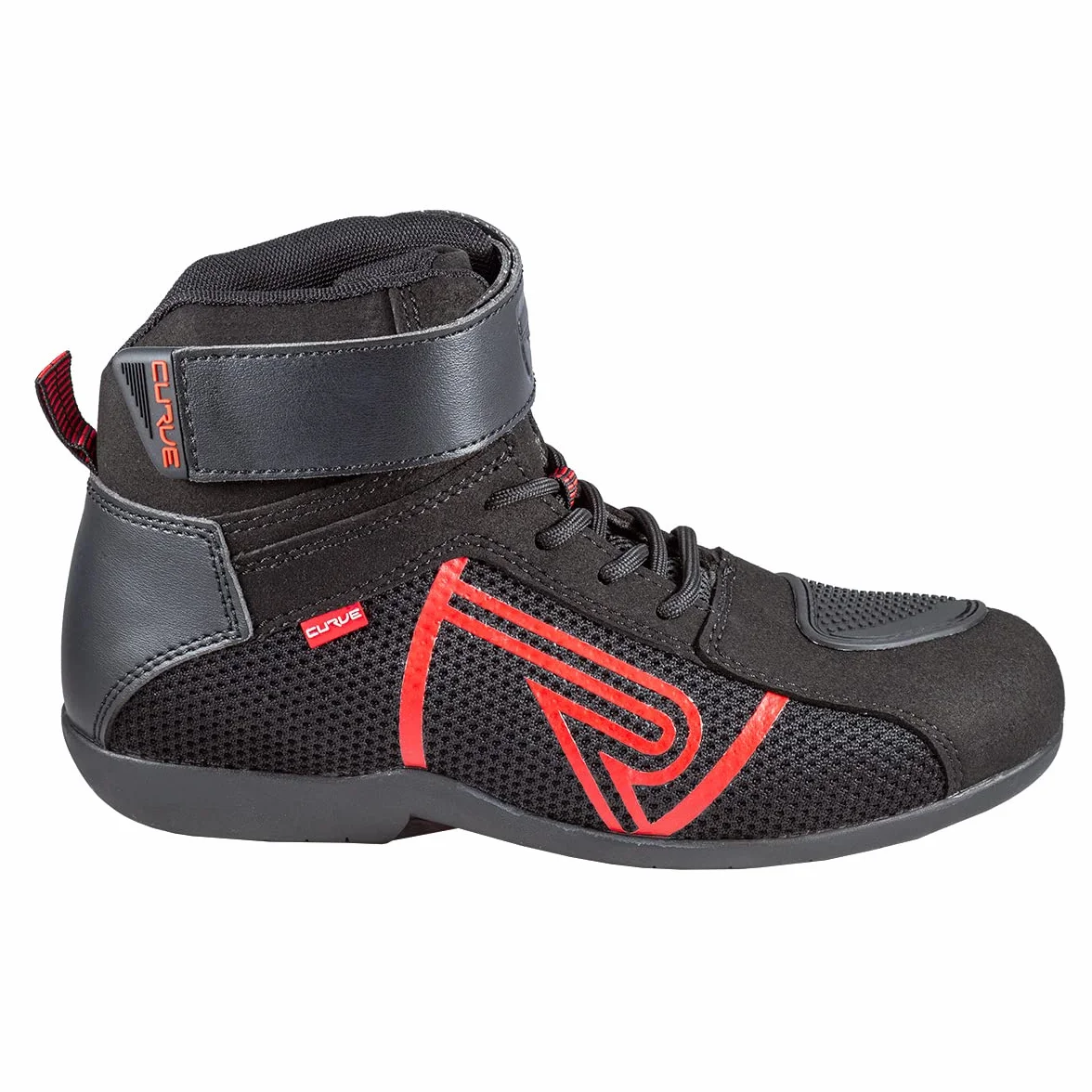 CURVE Czarne/czerwone buty motocyklowe Rubi | Mężczyzna i kobieta | Mikrofibra | Miejskie zastosowanie | Wzmocnienie zmiany biegów, czerwone detale, koronki, podeszwa antypoślizgowa | homologacja CE