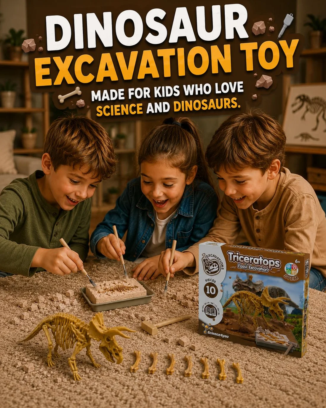 Science4you Triceratops, zestaw wykopalisk dla dzieci +6 lat - wykop i montaż 10 skamieniałości dinozaurów. Gry paleontologiczne i archeologiczne, zabawki i prezent dla dzieci 6 7 8 9 10+ lat