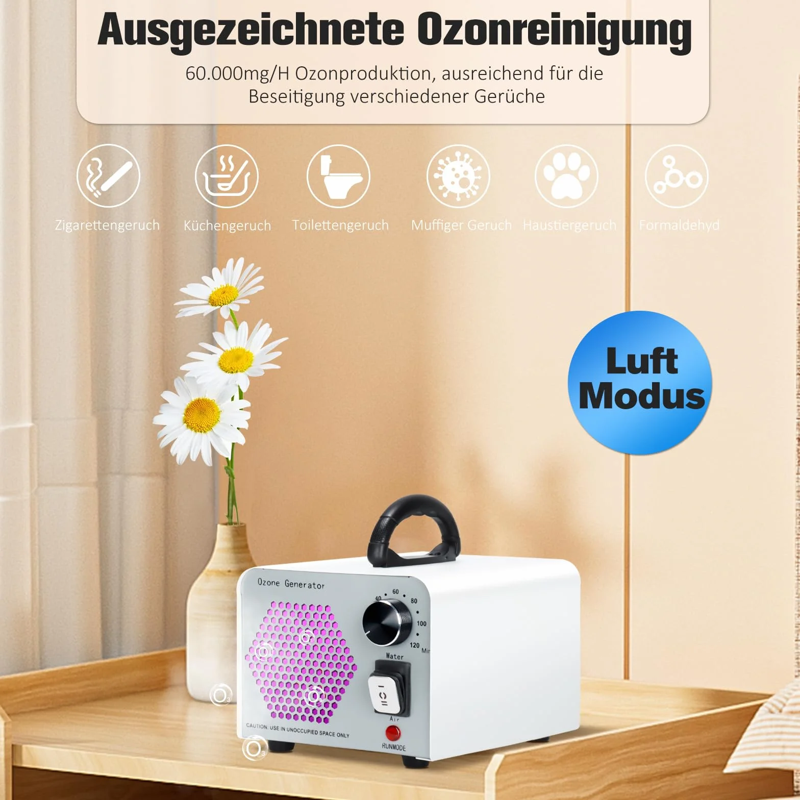 Generator ozonu 2 w 1 60000 mg/h oczyszczacz powietrza neutralizator zapachów O3 z timerem 120 min ozonator do samochodu