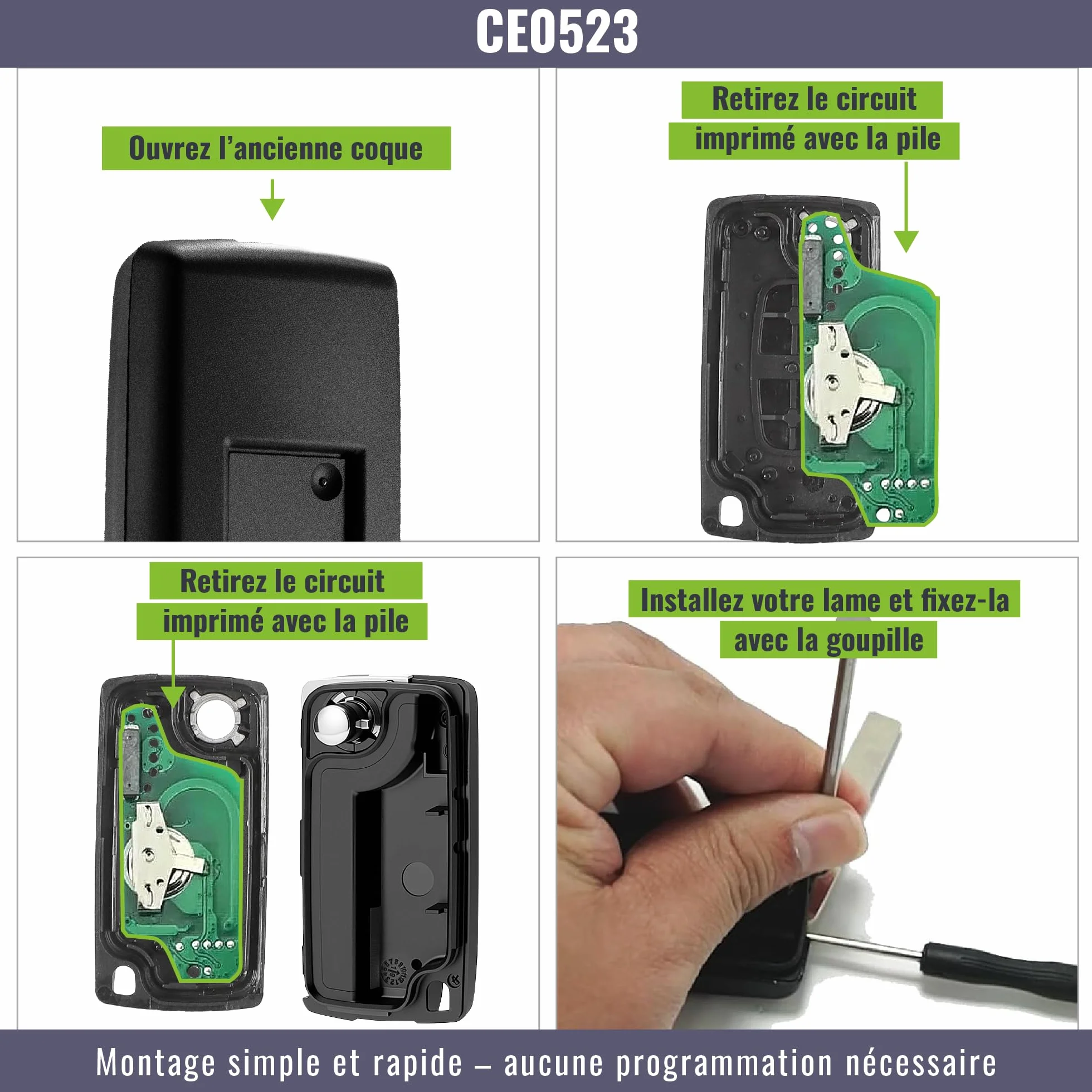 JONGO® Obudowa klucza CE0523 kompatybilna z Peugeot 207, 307, 308, 407, 3008, 5008 i kompatybilna z Citroën C2, C3, C4, C5, C6 C8, 2 przyciski, pilot zdalnego sterowania + bateria CR1620