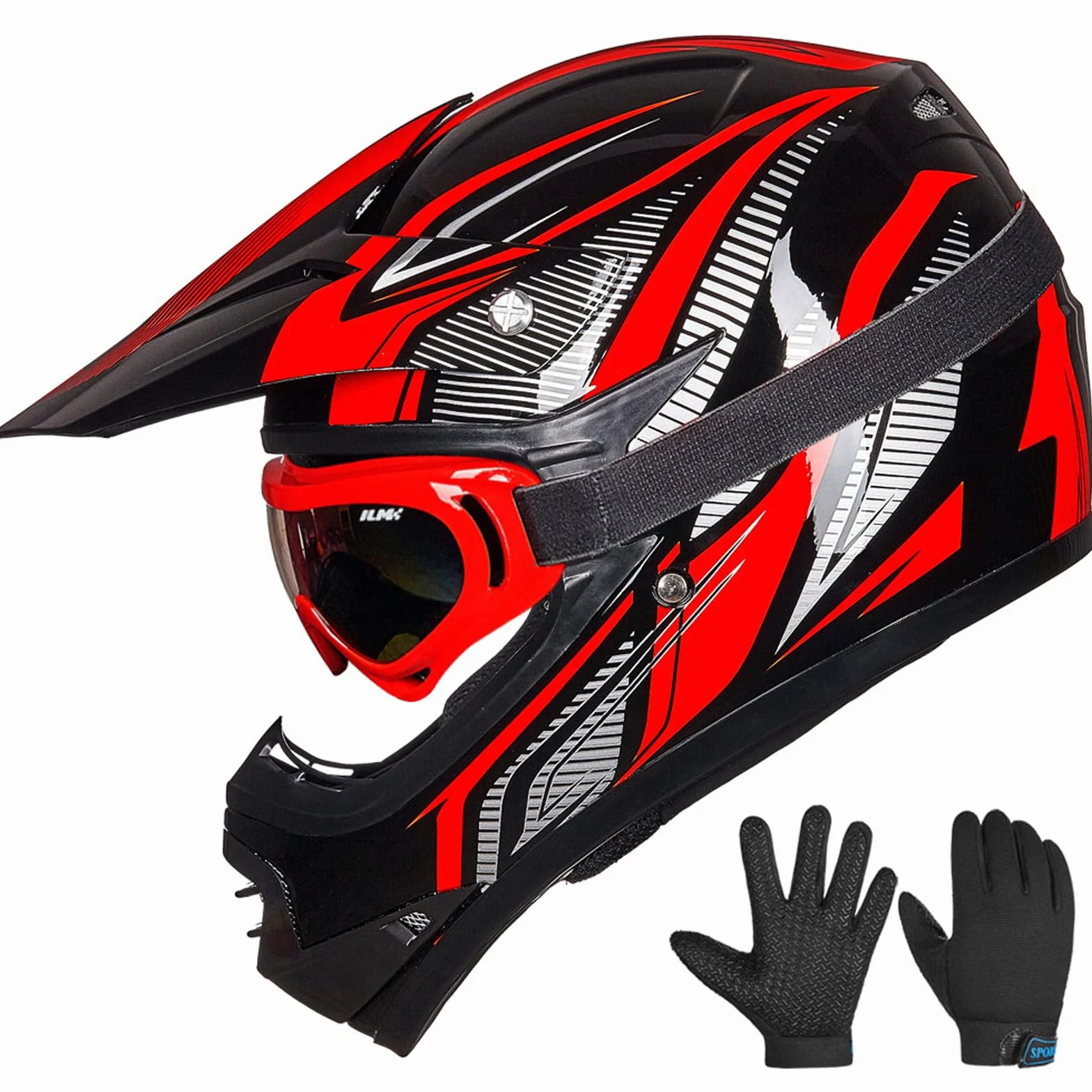 ILM Youth Kids ATV Motocross Helmet Goggles Sports Gloves Dirt Bike Motorcycle Off Road DOT Approved B07 (Youth-L, Red/Silver)