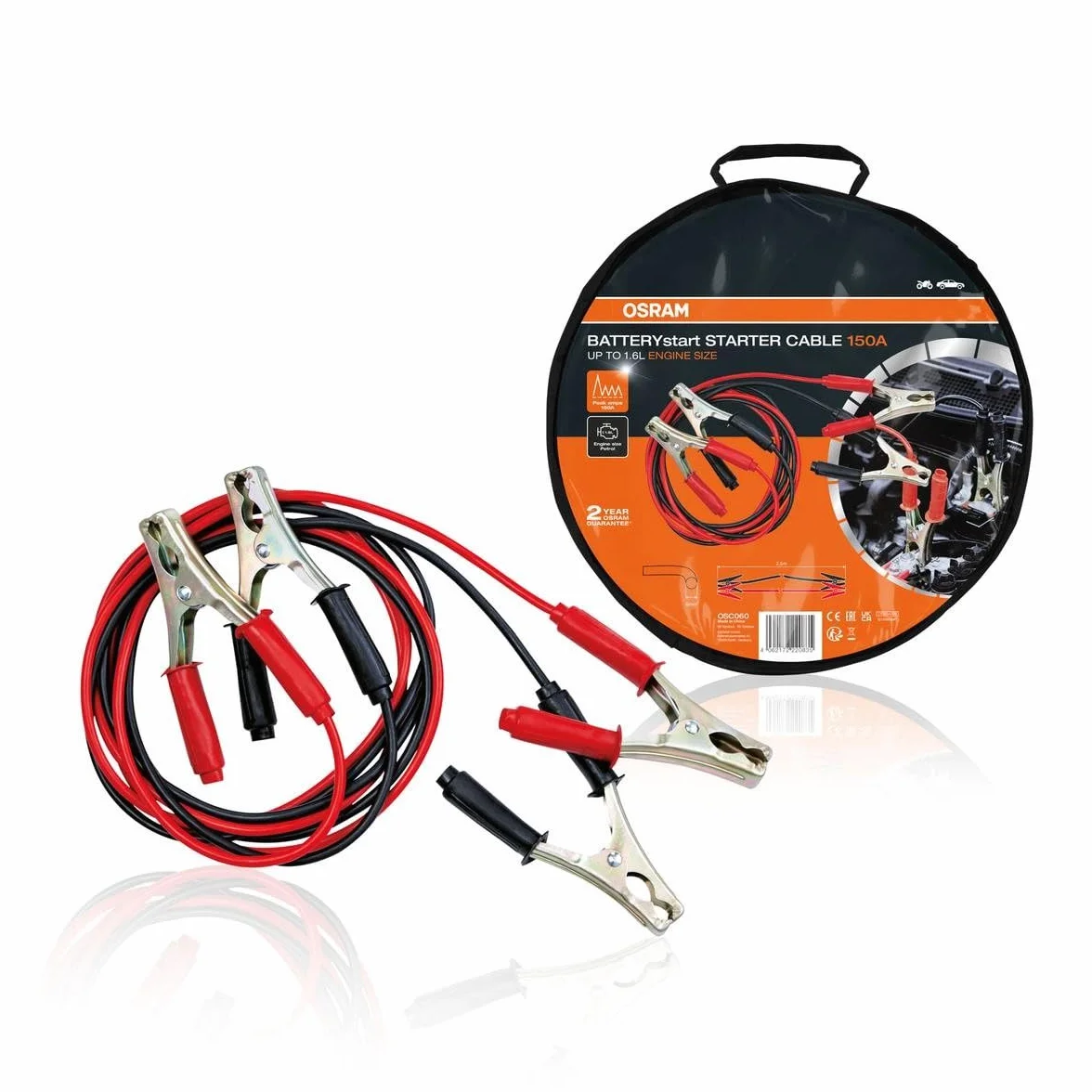 OSRAM STARTER CABLE 150A, kabel rozruchowy do silników benzynowych, 6/12V, OSC060, kabel rozruchowy do silników ≤1,6L, aluminium pokryte miedzią, 2,5m