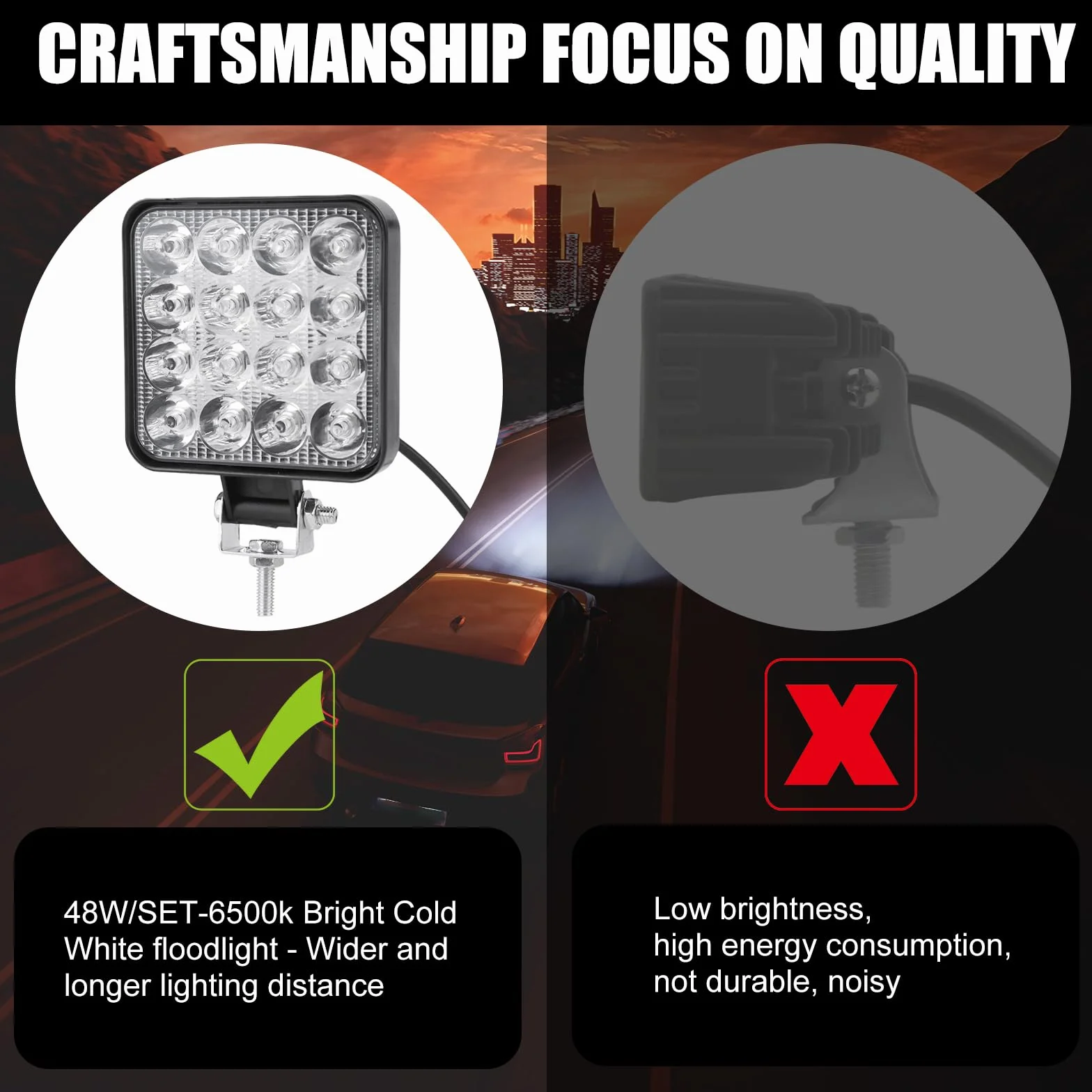 6 Sztuk Reflektorów Roboczych LED: 48 W, Kwadratowe, Offroad, Dodatkowy 12 V, 1200 lm, IP65, Do Koparek, Traktorów