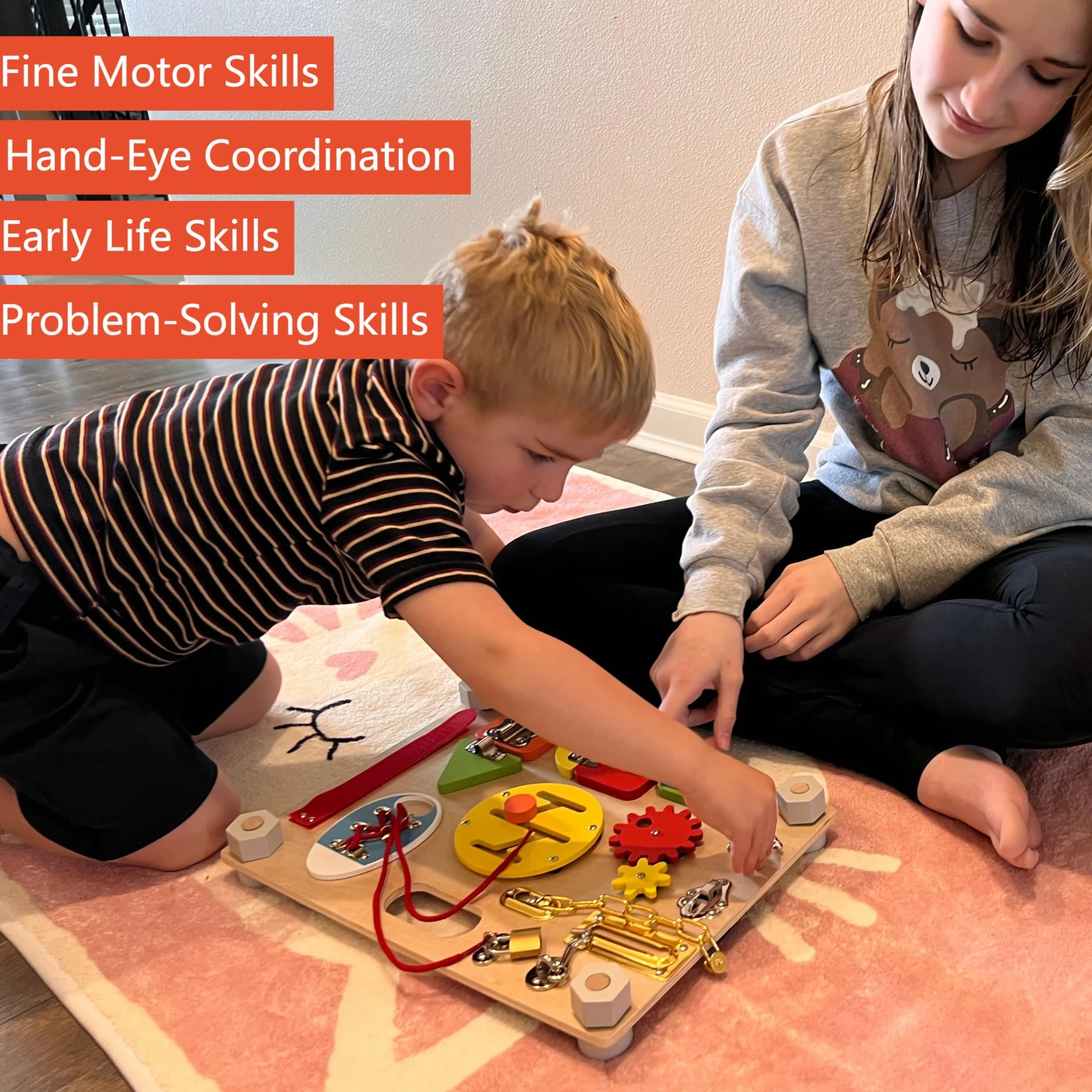 Drewniana tablica aktywności dla małych dzieci, zabawki Montessori dla dzieci w wieku 2, 3 i 4 lat, large double-sided wooden busy board, time learning, fine motor skill, early development