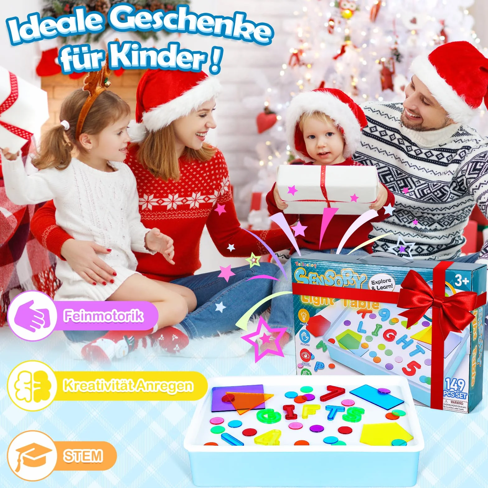 Yellcetoy Zabawki Montessori 3+ Lat - Interaktywny Stolik Świetlny Sensoryczny z 149 Akcesoriami, Light Box Terapeutyczny dla Dzieci z ADHD/Autyzmem, Edukacyjne Gry Rozwijające Motorykę (3-7 łac)