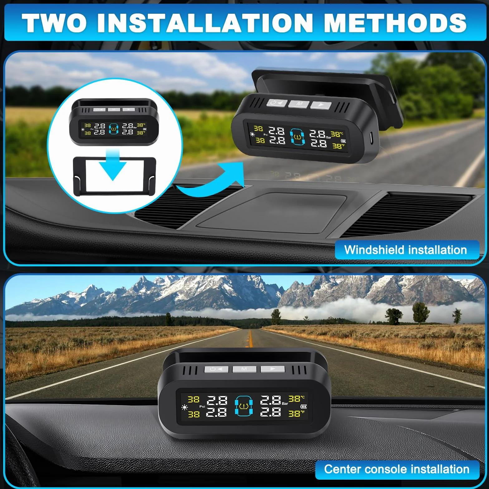 System monitorowania ciśnienia w oponach TPMS monitor ciśnienia w oponach solarny bezprzewodowy i ładowanie USB z 4 czujnikami zewnętrznymi, alarmy głosowe do samochodów kempingowych, SUV-ów