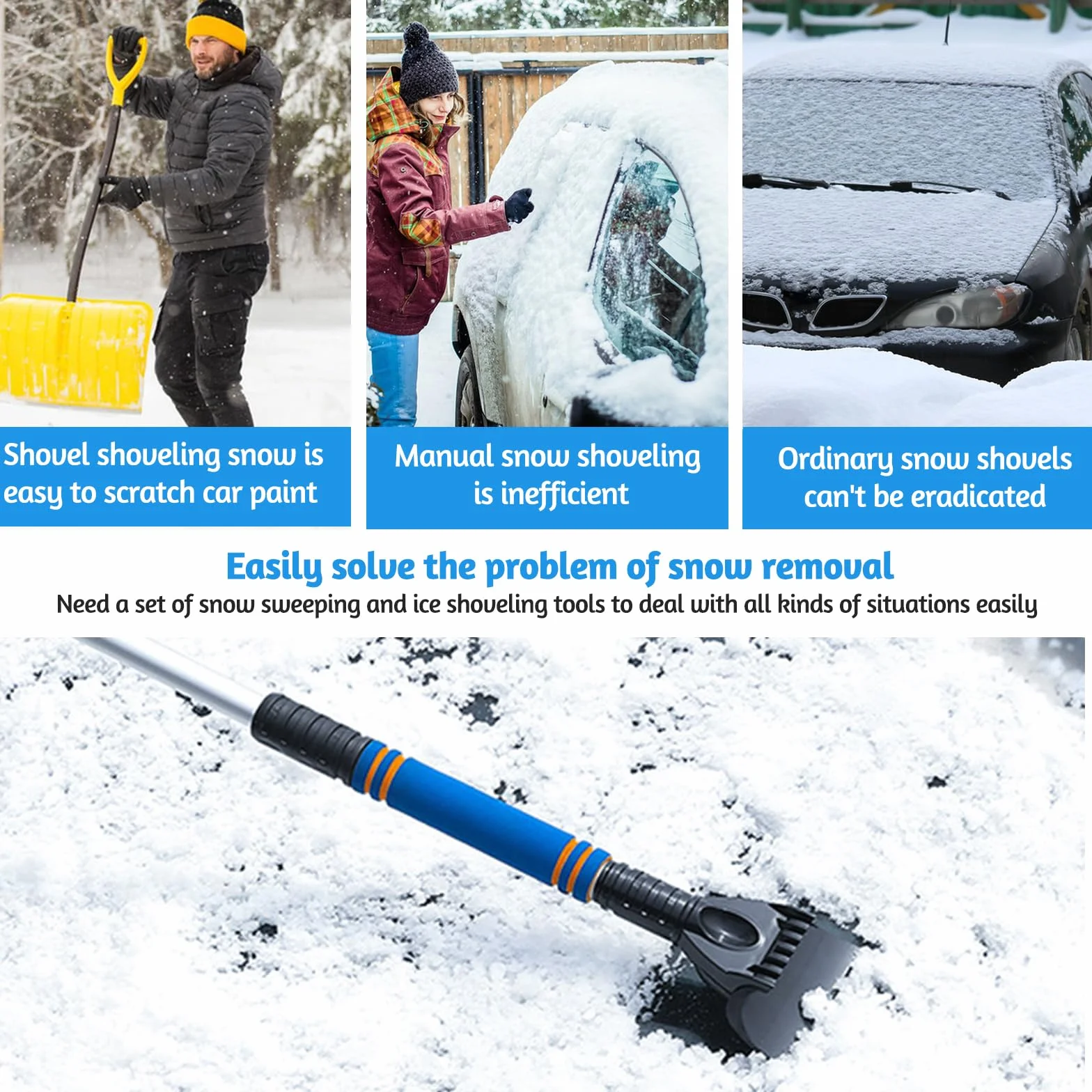 Ścierga do śniegu i skrobak do lodu 2w1 55 cm nie rysuje szyb wygodna rękojeść EVA zestaw do usuwania śniegu