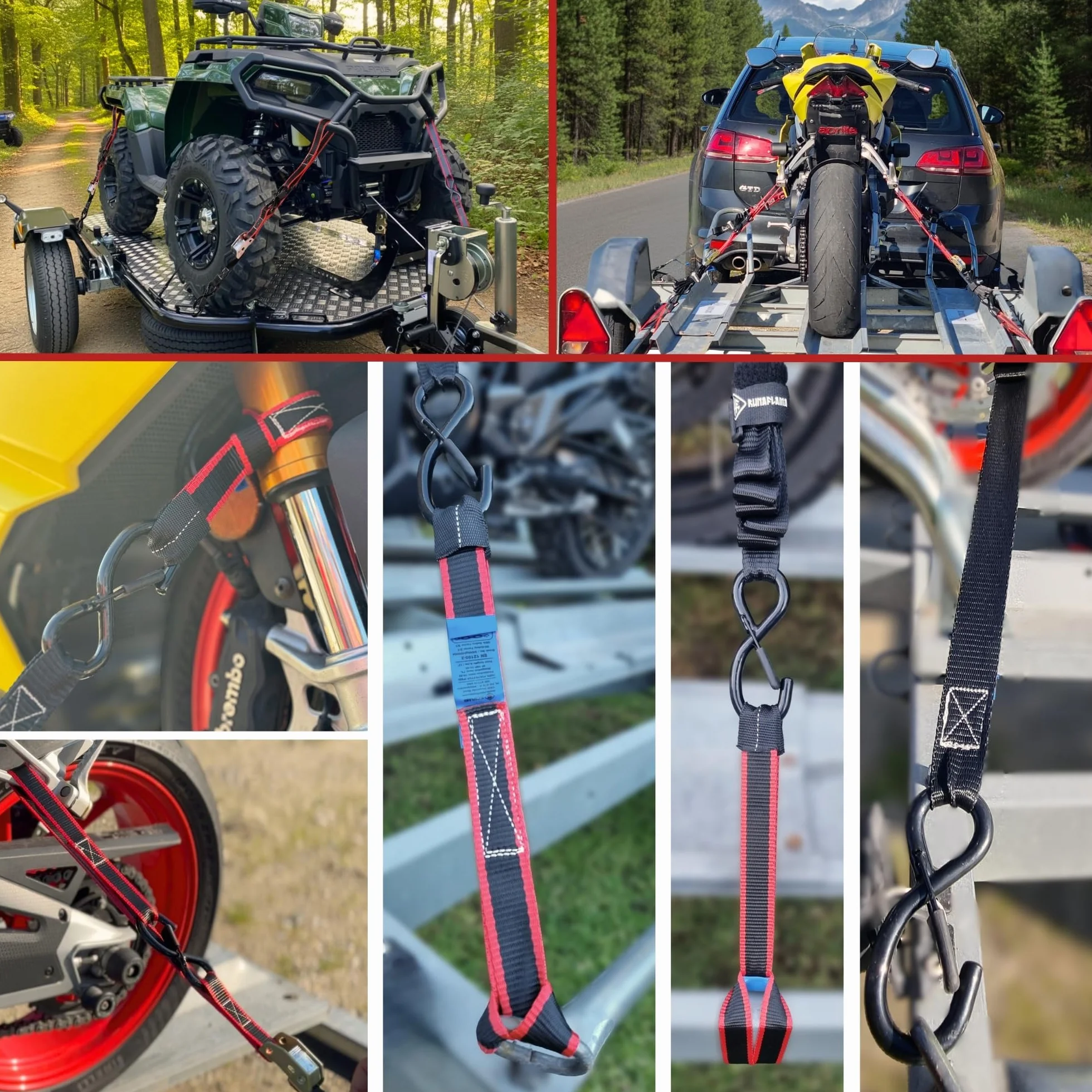 Pasy Transportowe do Motocykla 550 kg, Mocujące z Klamrą i Hakami S, 2 Pasy 1,9 m + 2 Pętle Soft Loop