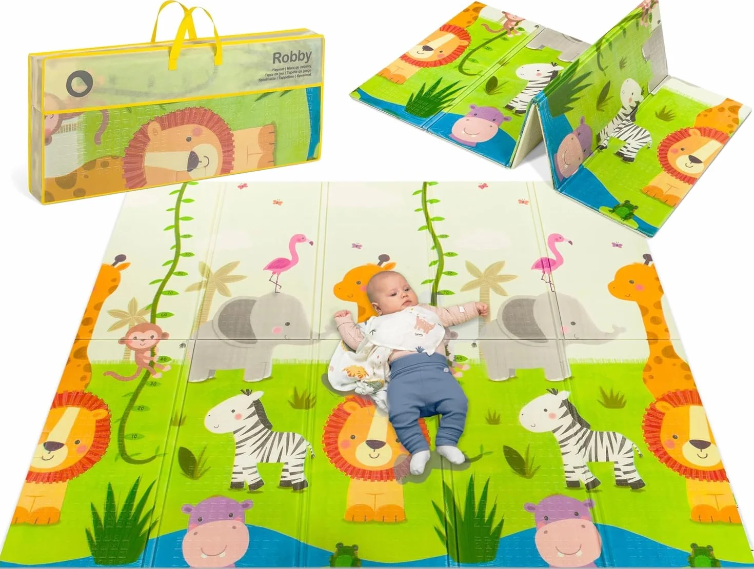 LIONELO Duża mata edukacyjna Robby do zabawy dla dzieci, mata do zabawy, składana, dwustronna, o wymiarach 200 x 180 cm, lekka i wodoodporna, przyjazna dla środowiska materiał XPE