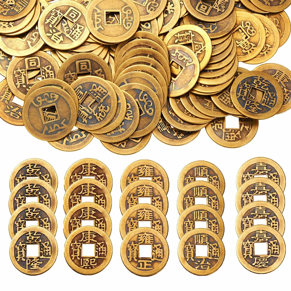 Chińskie monety Feng Shui, chińskie monety szczęścia, I-Ching, mosiężne chińskie monety symbolizujące zdrowie, dobrobyt, szczęście i bogactwo (0,22 kg)