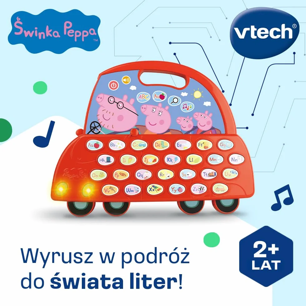 Trefl, VTech - Peppa Pig, Literkowy Samochodzik Peppy - Edukacyjna Zabawka Elektroniczna, Litery i Ich Wymowa, Gry, Nauka z Bohaterami Bajki Świnka Peppa, Zabawka dla Dzieci od 2 lat