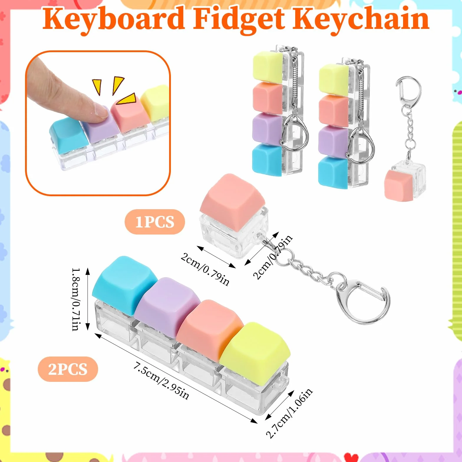Qianyu Fidget, 3 sztuki, breloczek do kluczy, do radzenia sobie ze stresem, kolorowa nasadka na klawisze, głośna zabawka sensoryczna, zabawka dla dorosłych