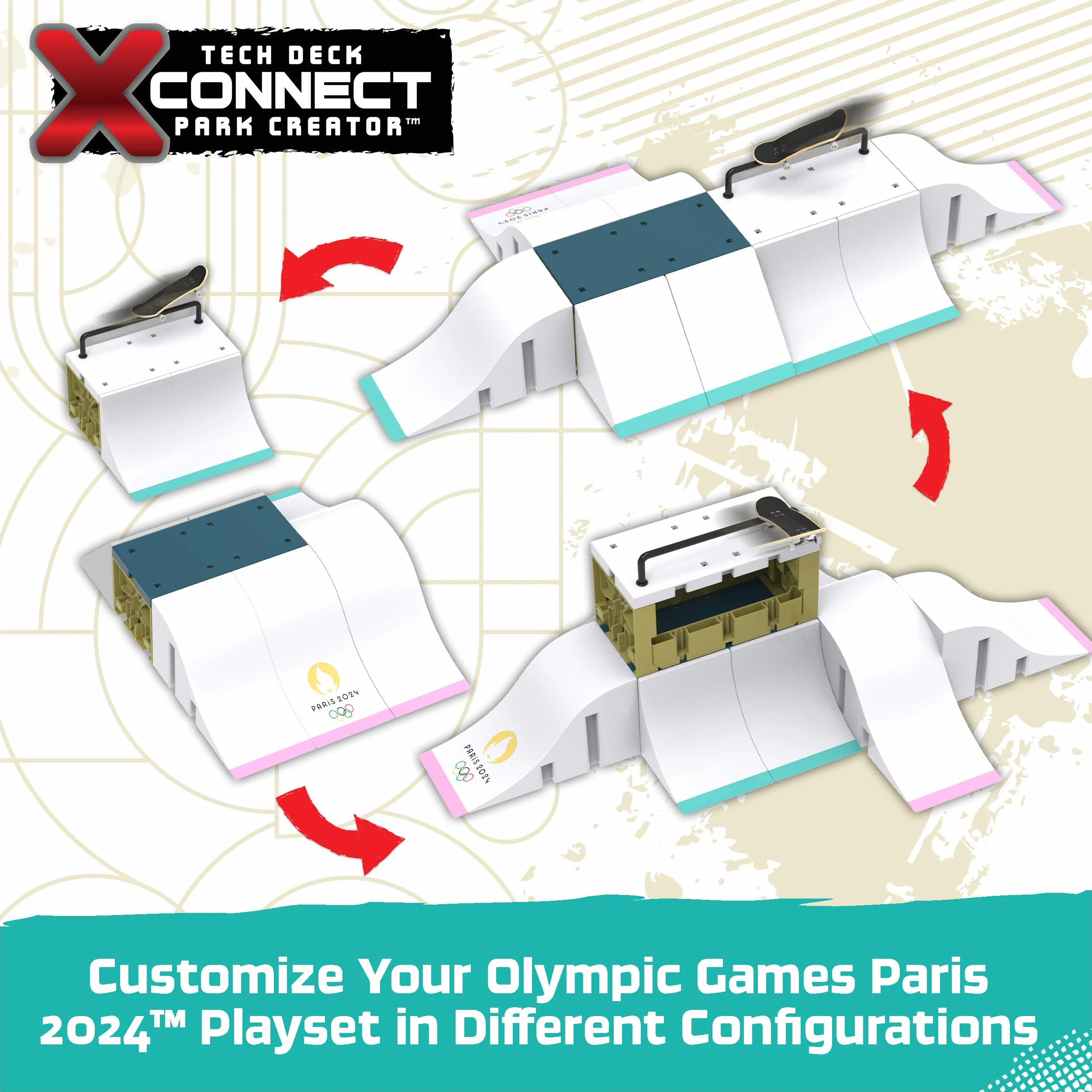 Tech Deck - Finger Skate - Park X-Connect Aurélien Giraud - Oficjalny produkt na licencji Igrzysk Olimpijskich w Paryżu 2024 - Modułowy skatepark - Mini Skate Finger - Zabawka dla dzieci w wieku 6 lat