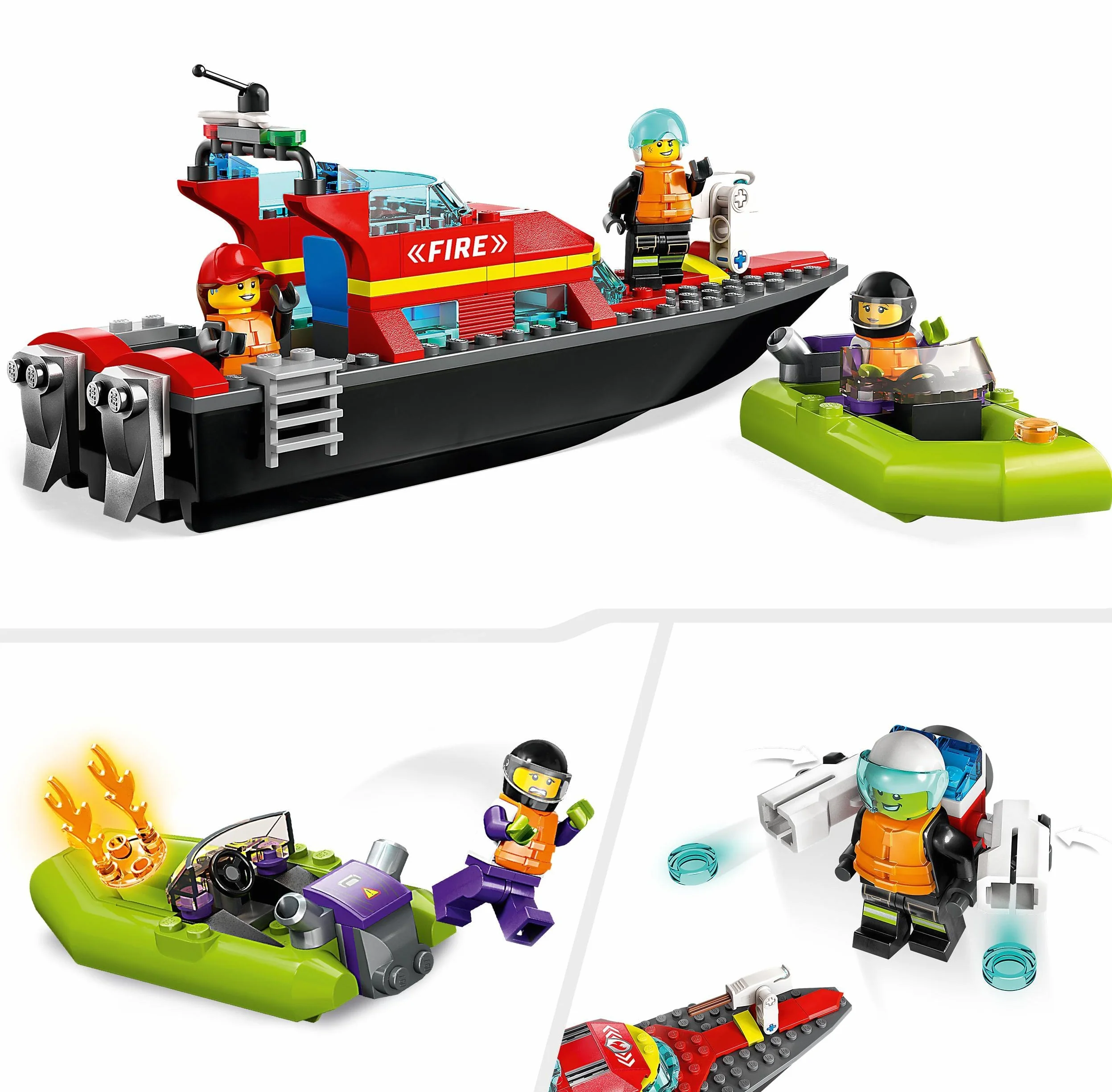 LEGO 60373 City Łódź strażacka, Unosi się na Wodzie, Plecak Odrzutowy, Motorówka, 3 Minifigurki, Zabawki dla dzieci od 5 lat, pomysł na prezent